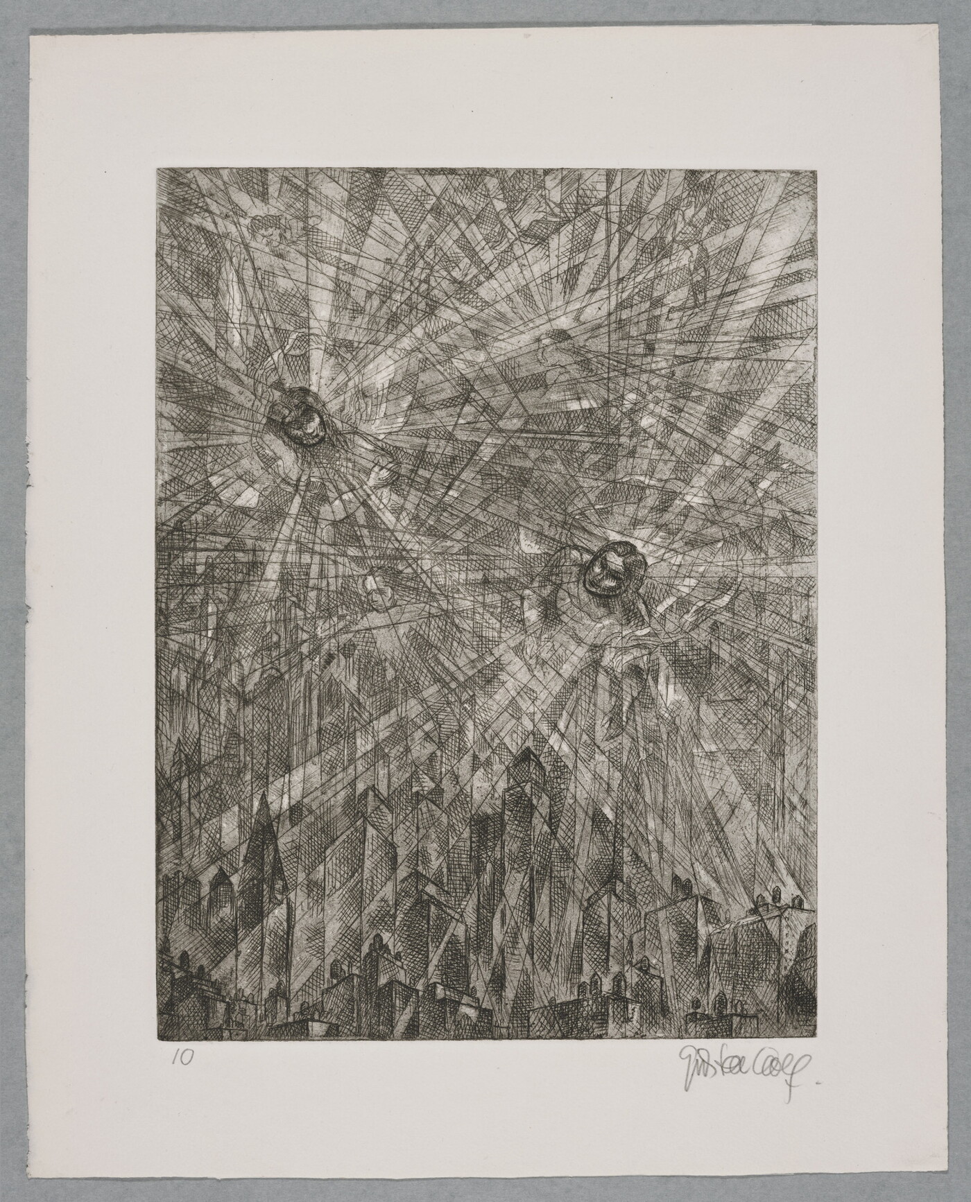 A black-and-white print of two human figures, heads only, with radiating gray-scale lines and shapes over a city skyline.