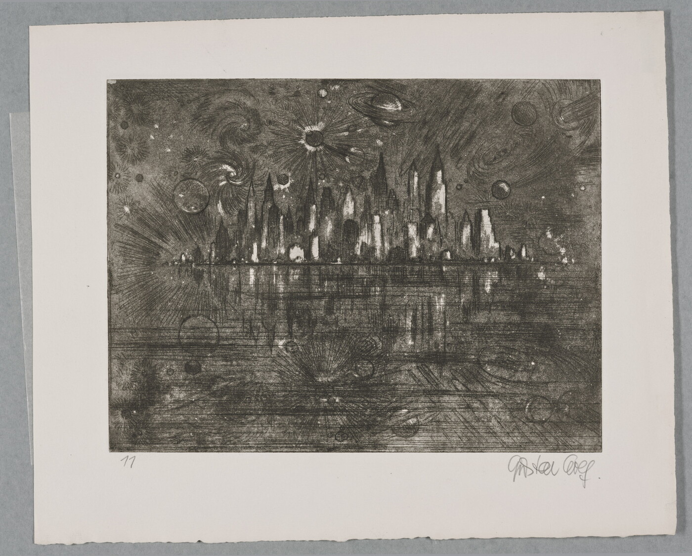 A black-and-white print of abstract planets and star-shapes over a city skyline.