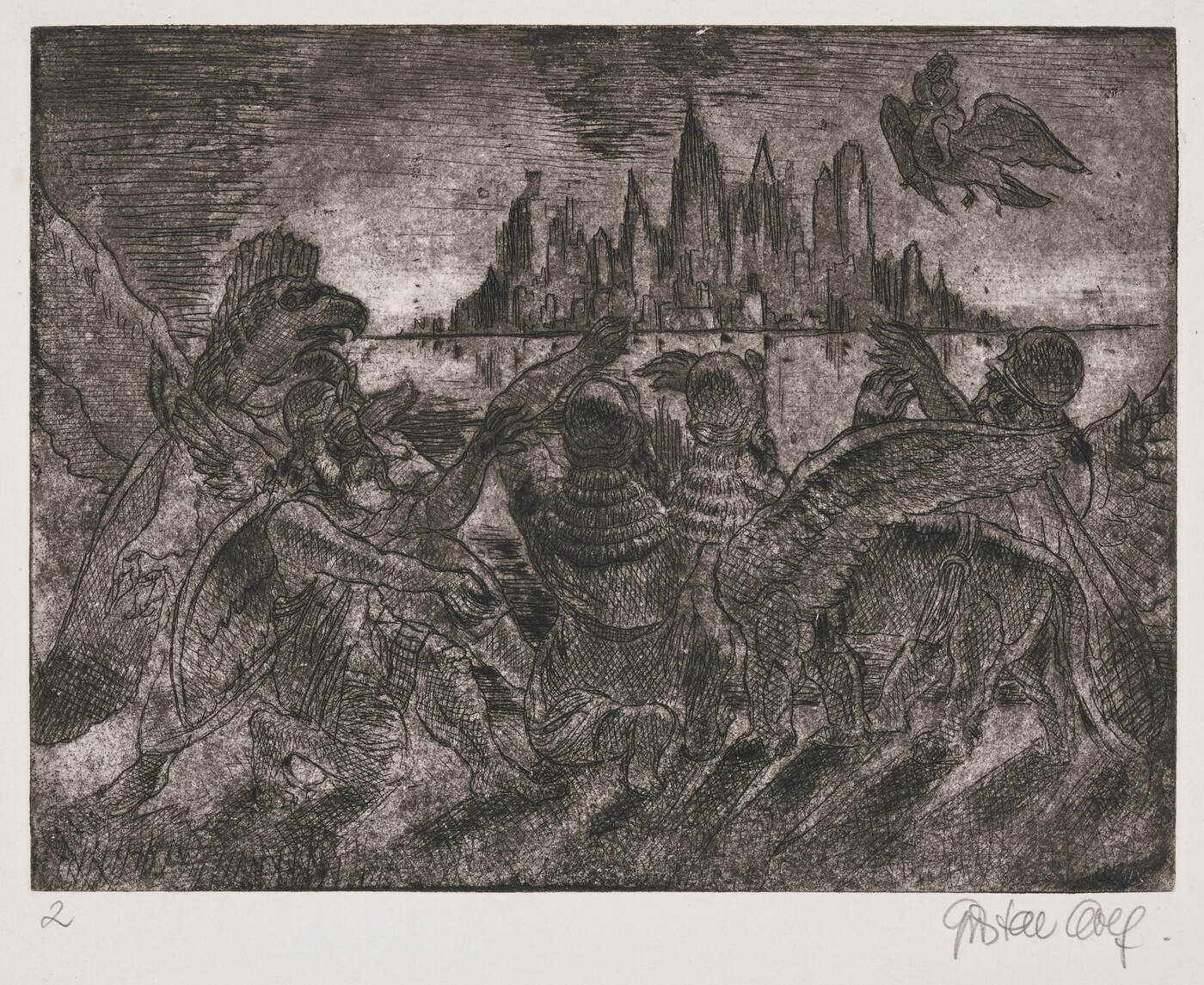 A black-and-white print of a group of mythical half-bird, half-man creatures looking toward a city skyline.