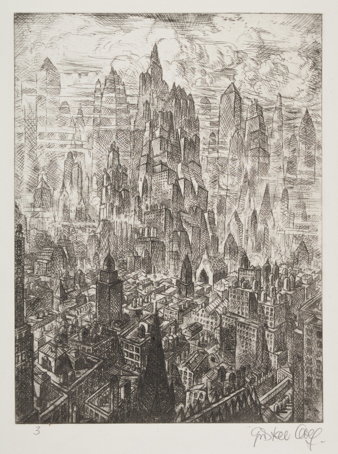 A black-and-white print of a city skyline from a bird&#039;s eye view, some buildings reaching up into billowing clouds.