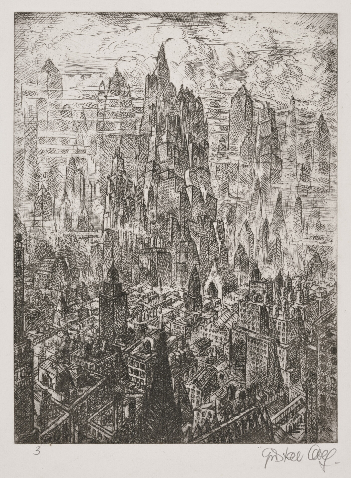 A black-and-white print of a city skyline from a bird's eye view, some buildings reaching up into billowing clouds.