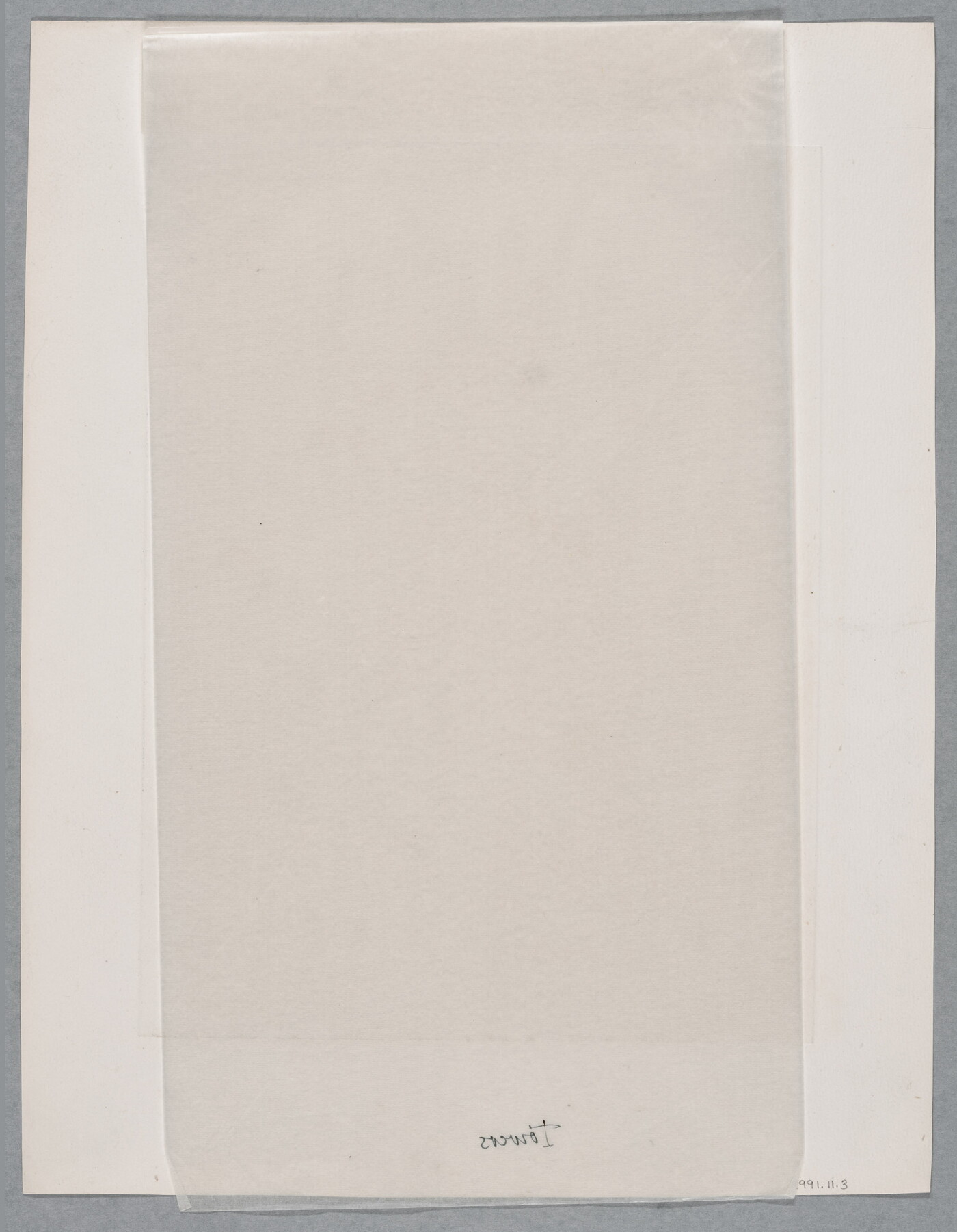 A black-and-white print of a city skyline from a bird's eye view, some buildings reaching up into billowing clouds.