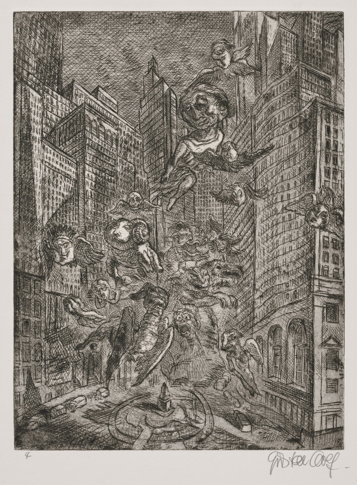 A black-and-white print of skyscrapers surrounding a city plaza that is filled with flying mythical creatures.