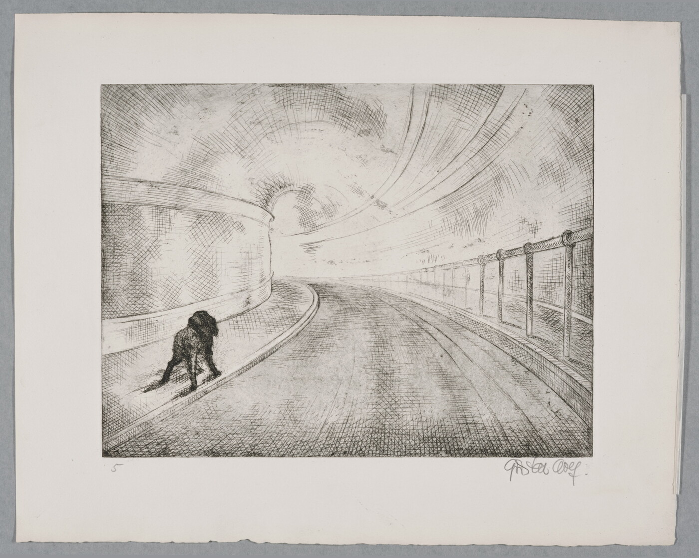 A black-and-white print of a paved tunnel with a rough sketch of an animal-like figure on the sidewalk.