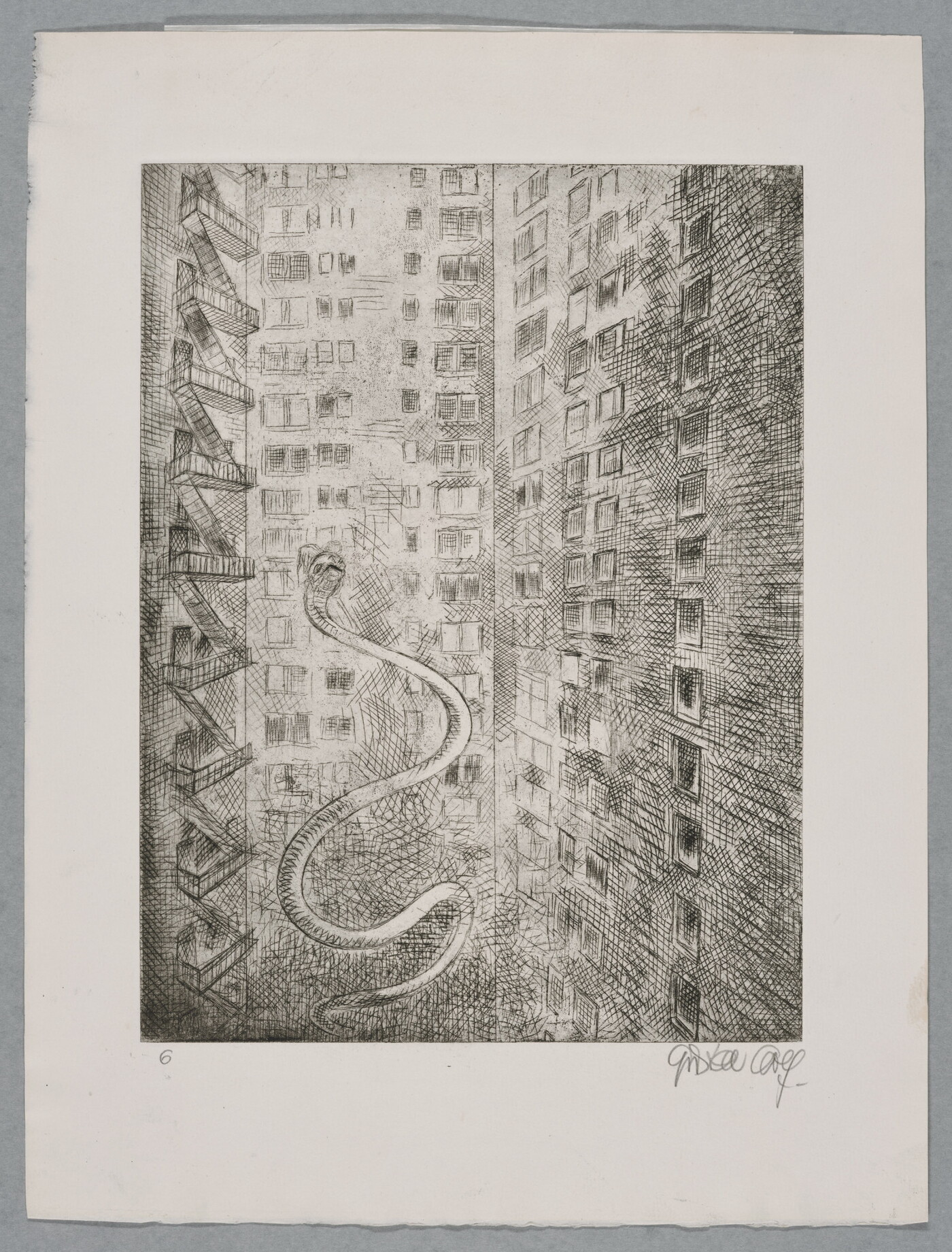 A black-and-white print of tall buildings, some with fire escapes, and a snake hovering up between the buildings.