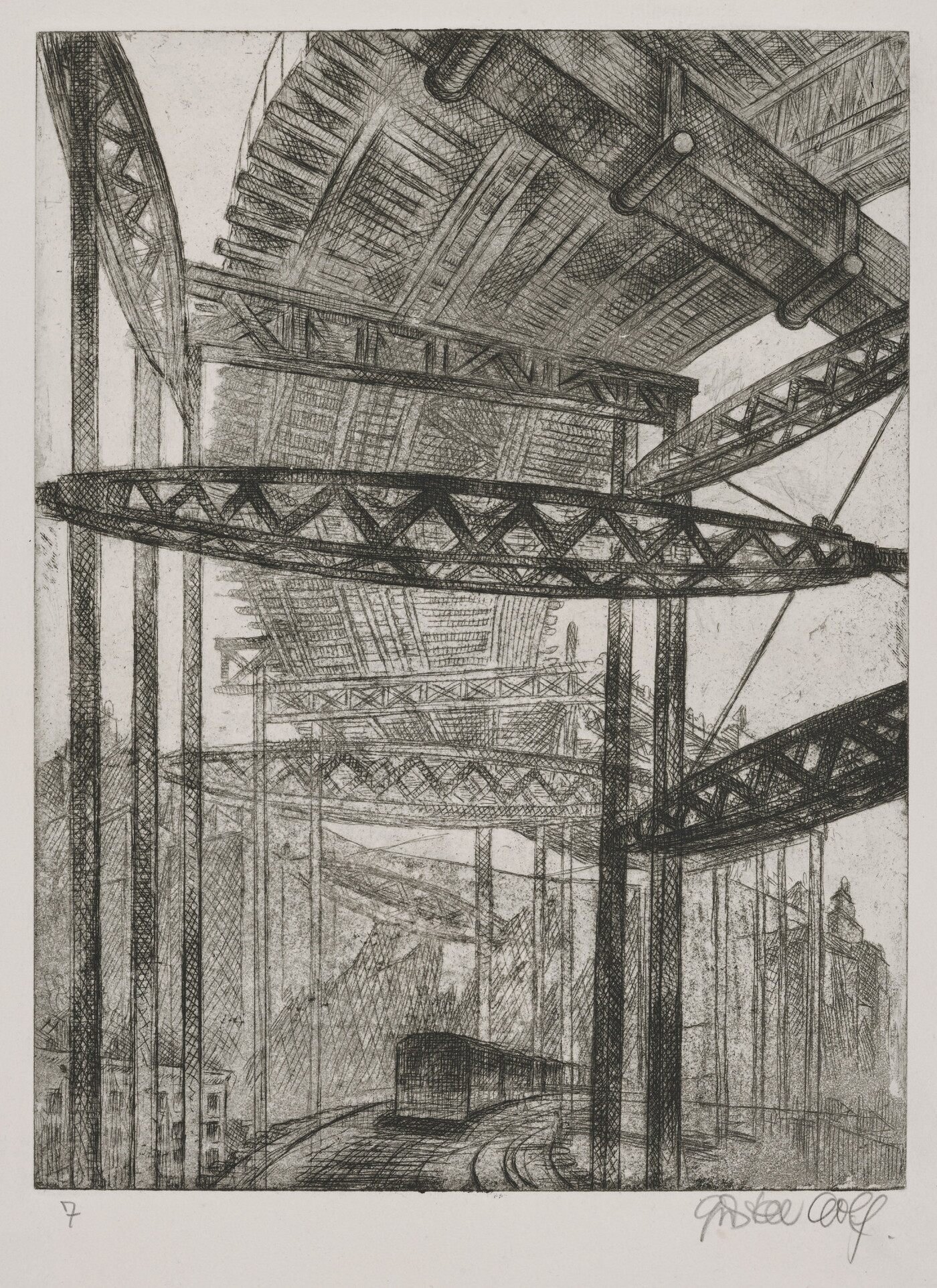 A black-and-white print of a bridge seen from below and a train traveling beneath it.
