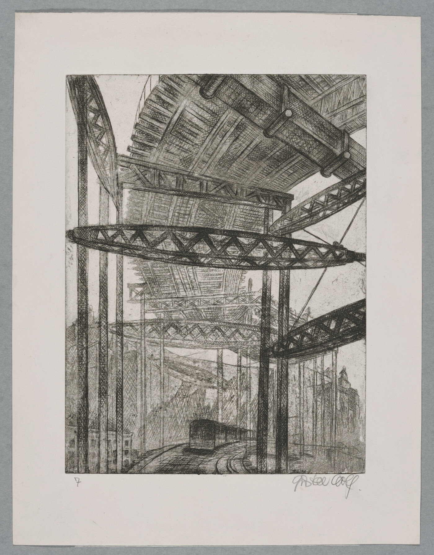 A black-and-white print of a bridge seen from below and a train traveling beneath it.