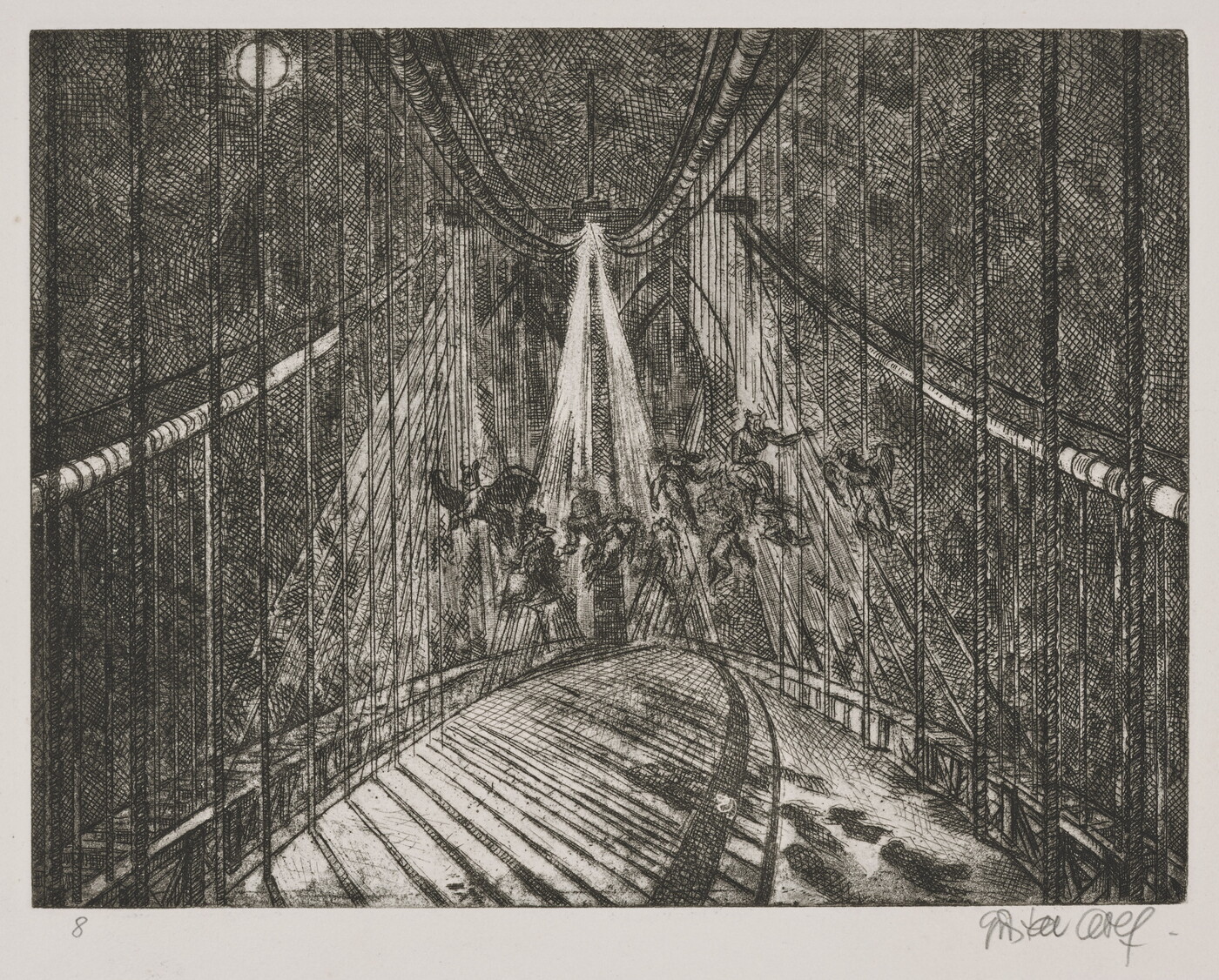 A black-and-white print of a cable-suspension bridge at night with flying mythical creatures under a streetlamp on the bridge.