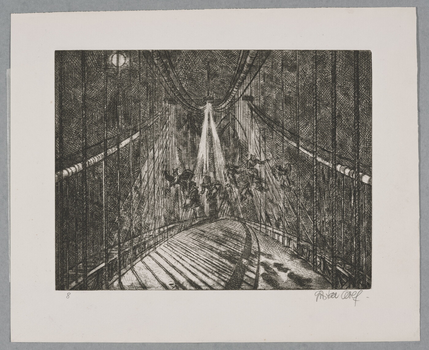 A black-and-white print of a cable-suspension bridge at night with flying mythical creatures under a streetlamp on the bridge.