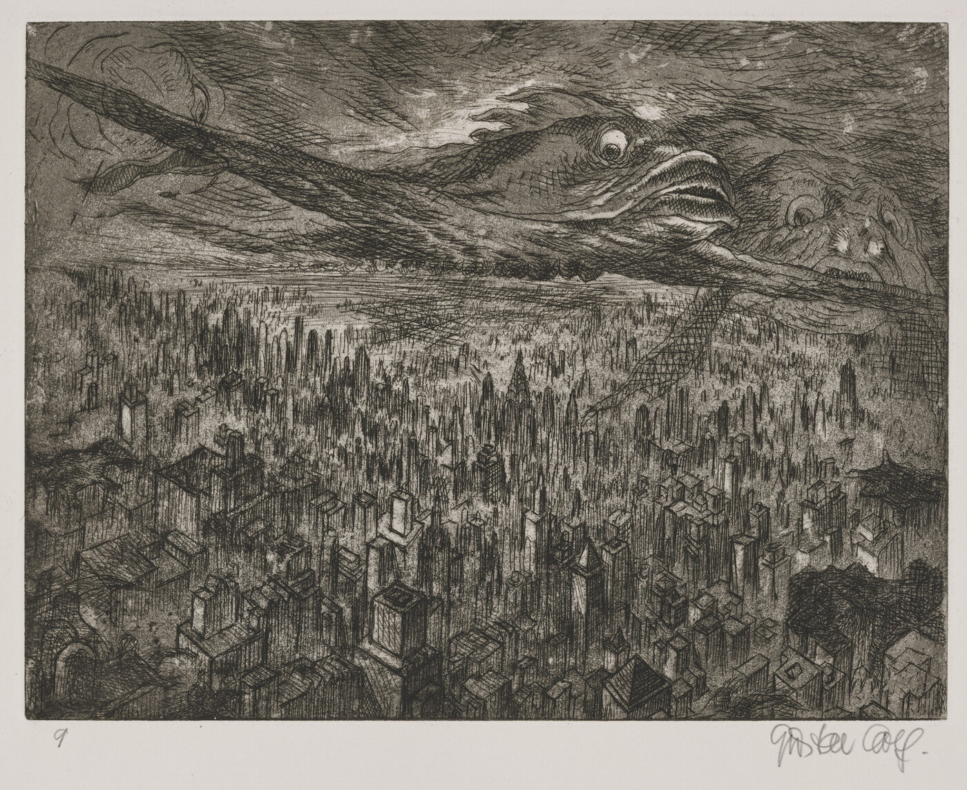 A black-and-white print of a city skyline from above with large mythical, half-bird, half-fish creatures flying in the clouds above the city.
