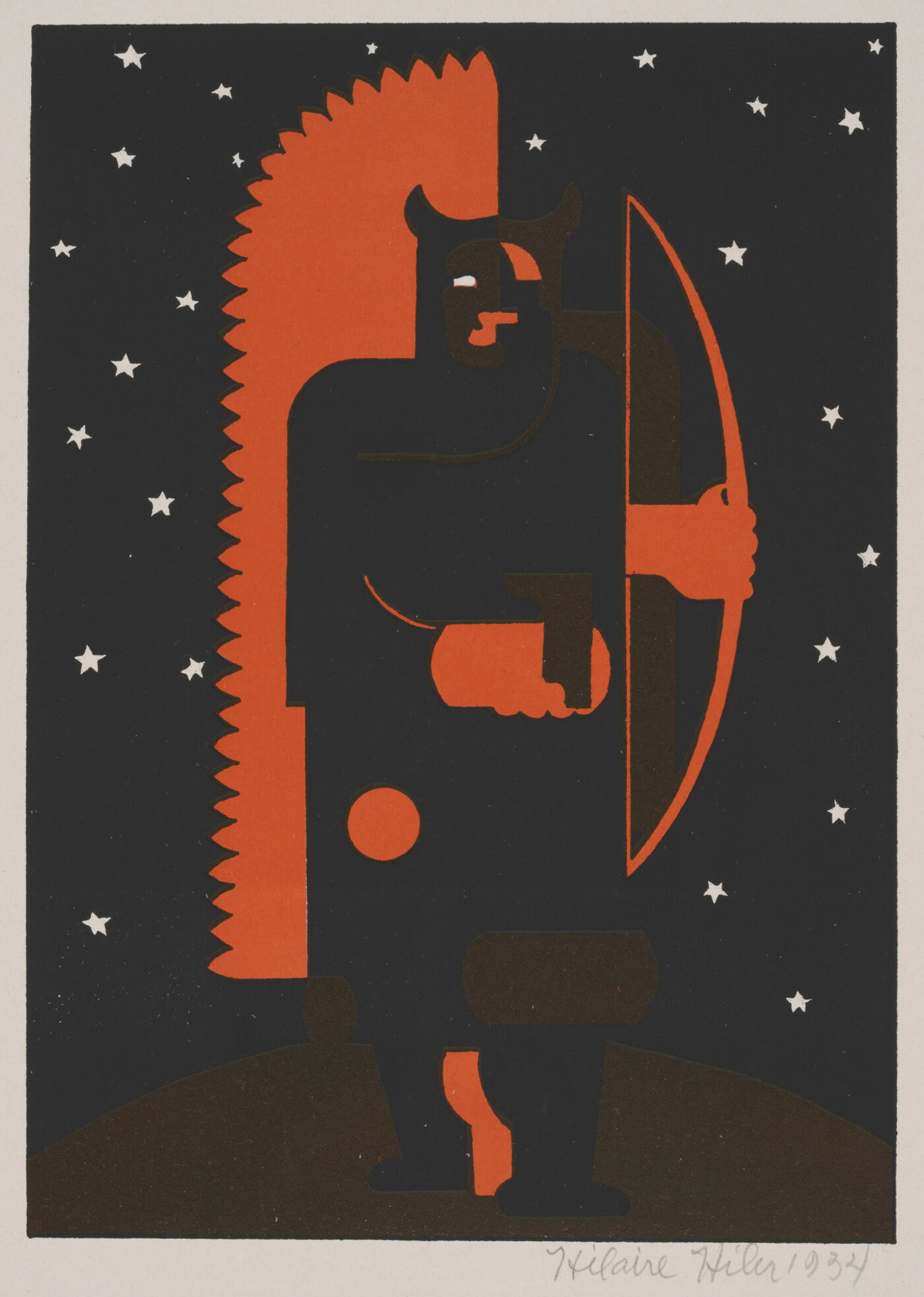 A color print in red and black of a humanoid figure with horns holding a bow and arrow surrounded by white stars.