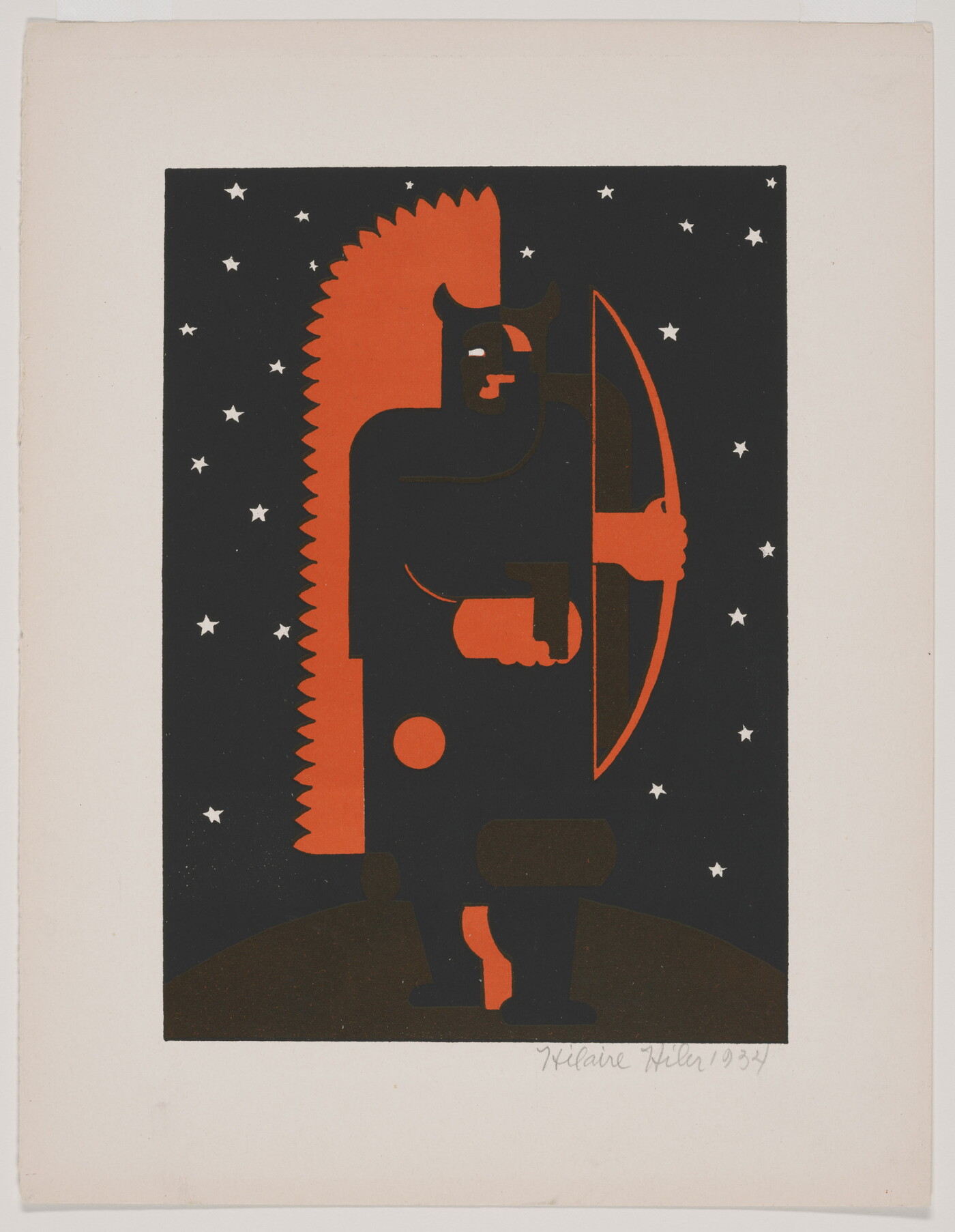 A color print in red and black of a humanoid figure with horns holding a bow and arrow surrounded by white stars.