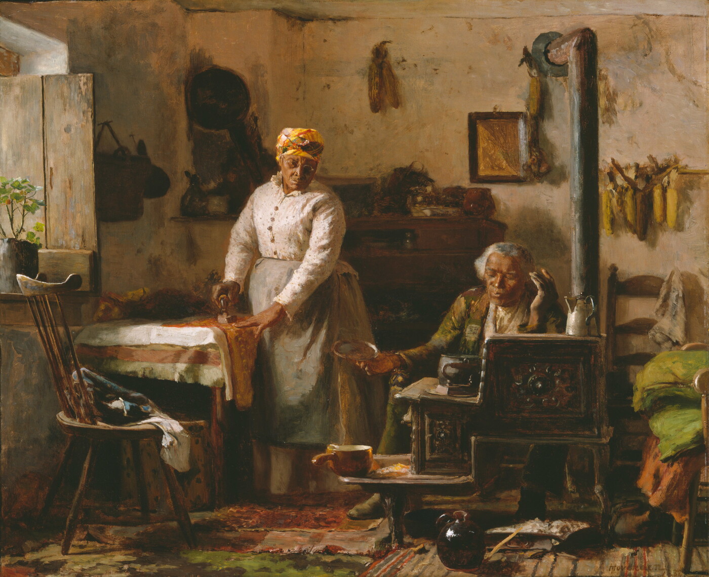 An oil painting of a Black couple in their home: the woman ironing at a table, and the man seated next to a cast-iron stove.