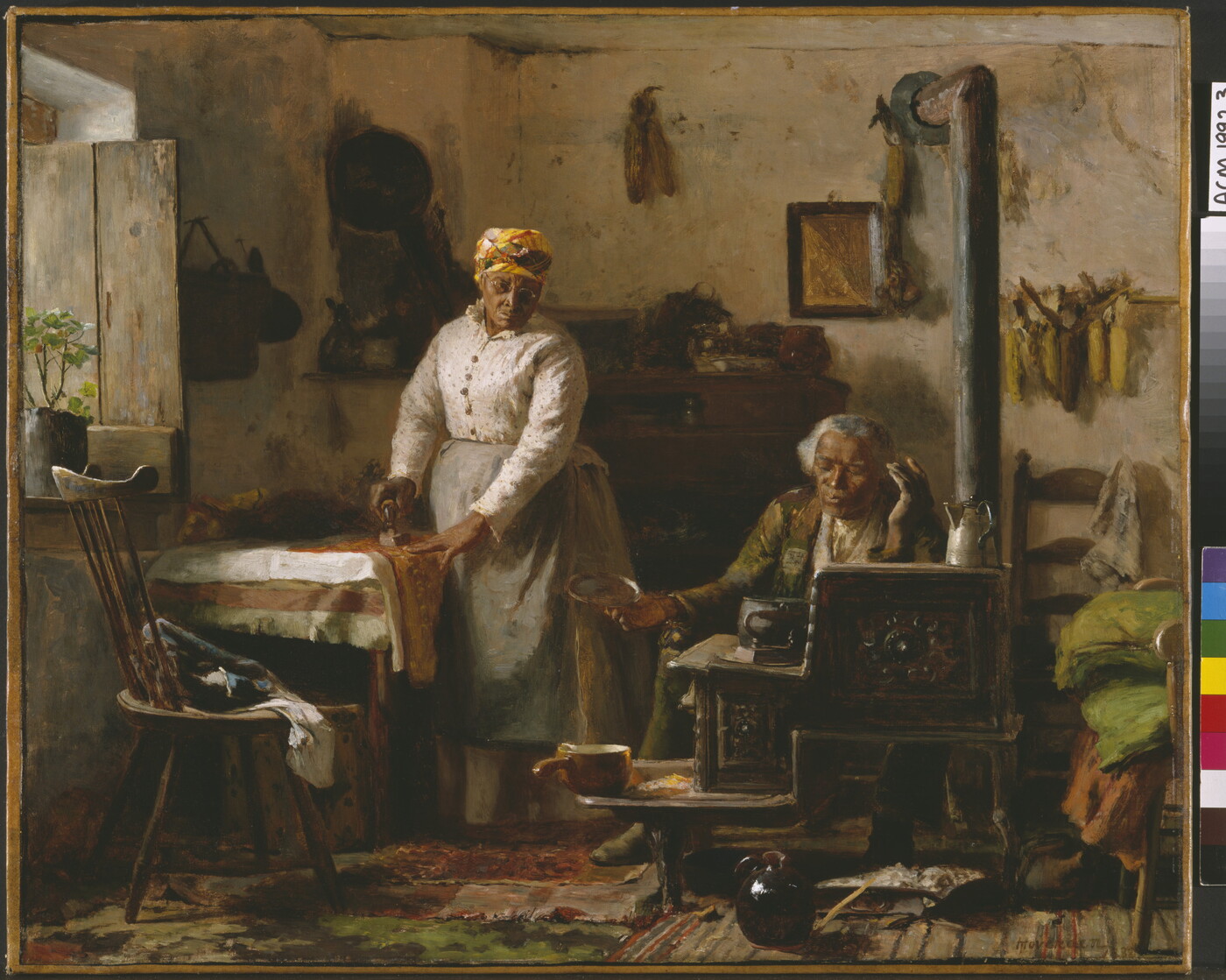 An oil painting of a Black couple in their home: the woman ironing at a table, and the man seated next to a cast-iron stove.