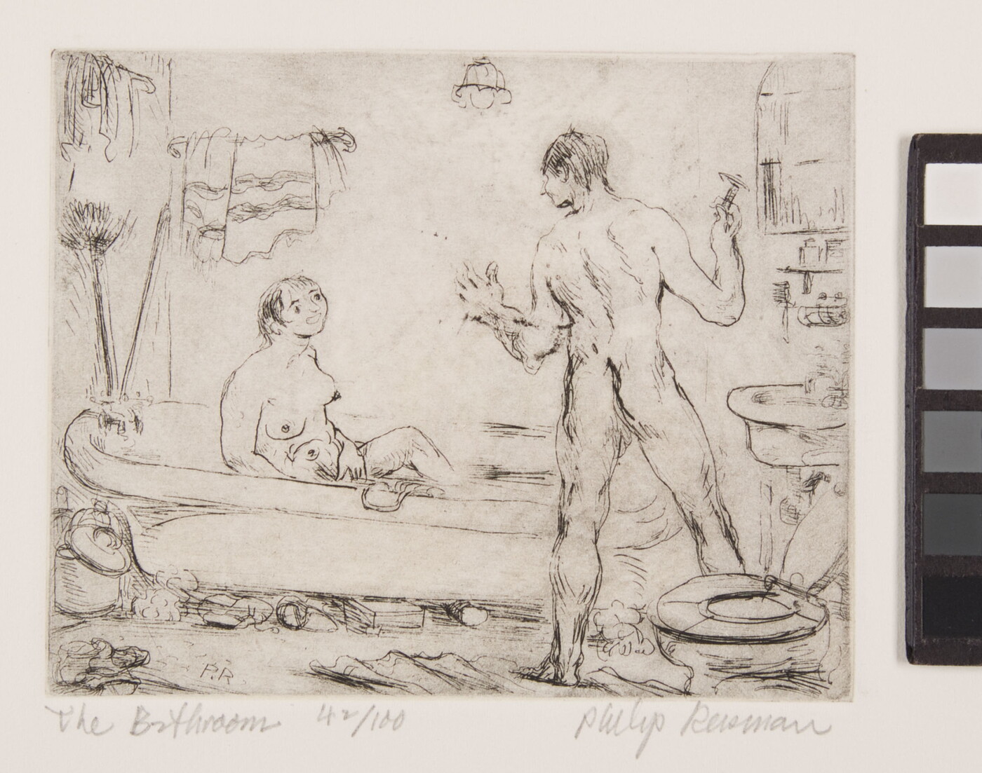 A black-and-white print of a messy bathroom with a nude female in the bathtub and a nude male standing by the toilet shaving.