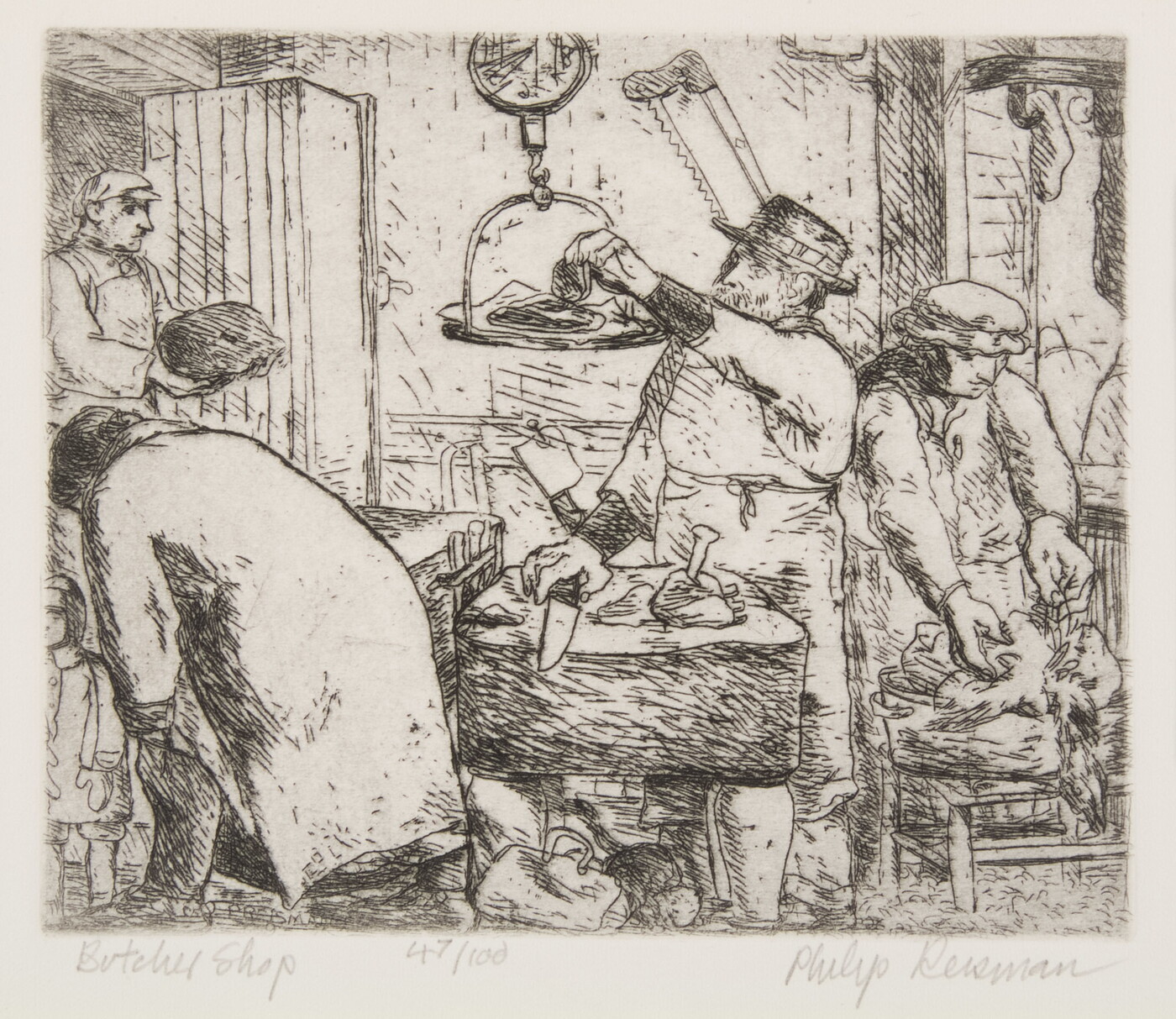 A black-and-white print of people doing various jobs - cutting, weighing, plucking - in a butcher shop.