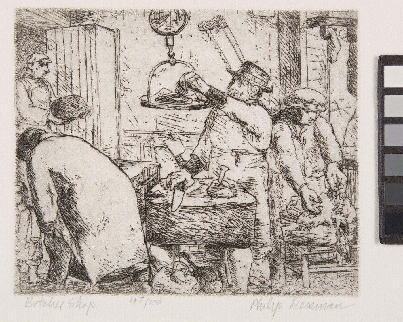 A black-and-white print of people doing various jobs - cutting, weighing, plucking - in a butcher shop.