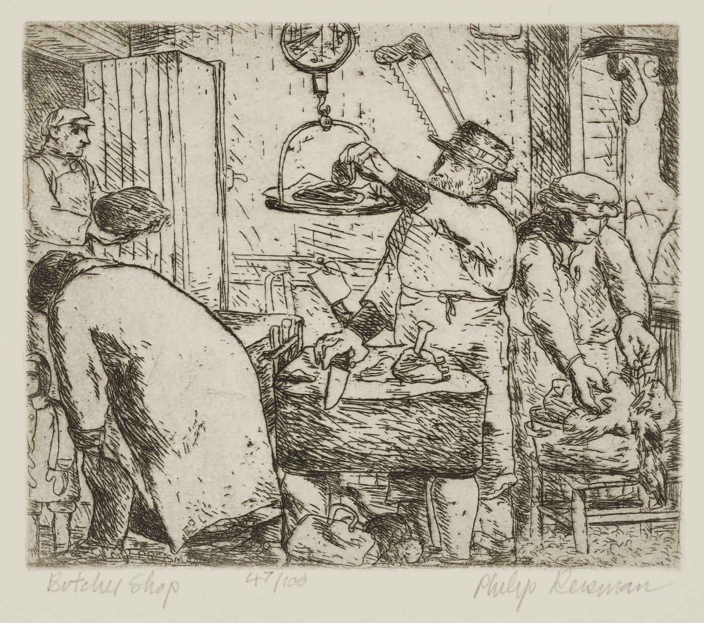 A black-and-white print of people doing various jobs - cutting, weighing, plucking - in a butcher shop.<br />