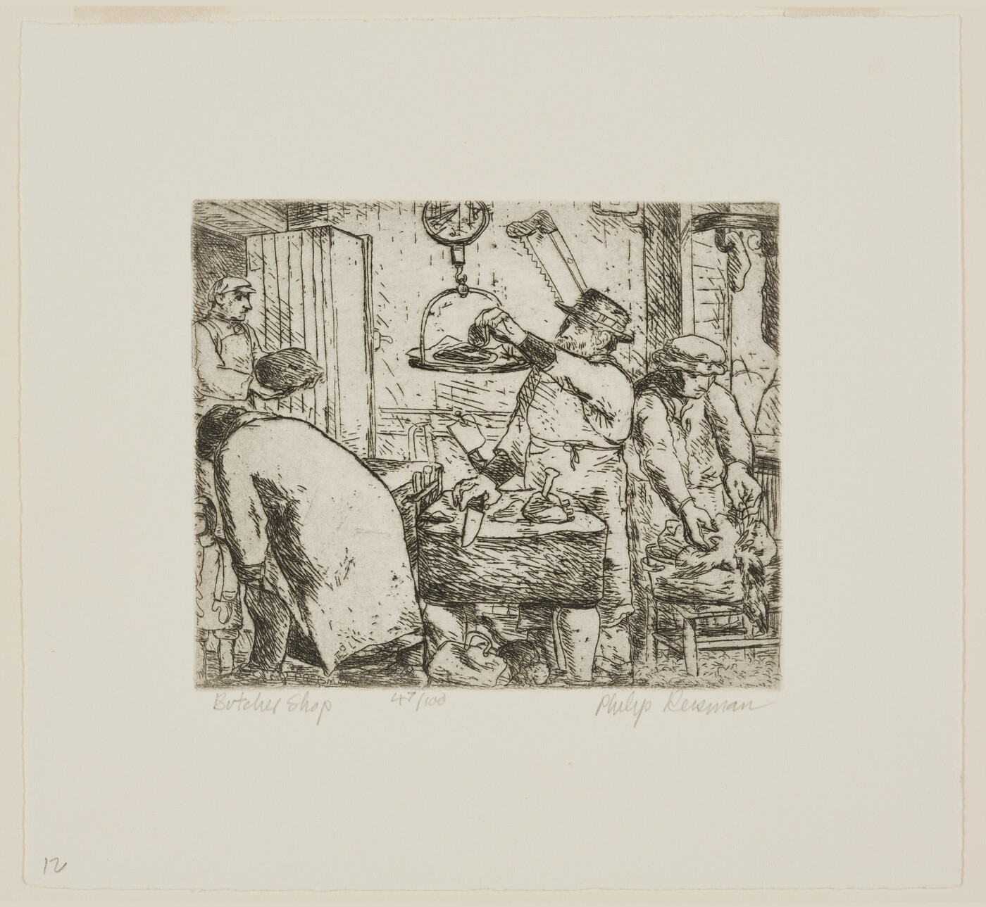 A black-and-white print of people doing various jobs - cutting, weighing, plucking - in a butcher shop.<br />