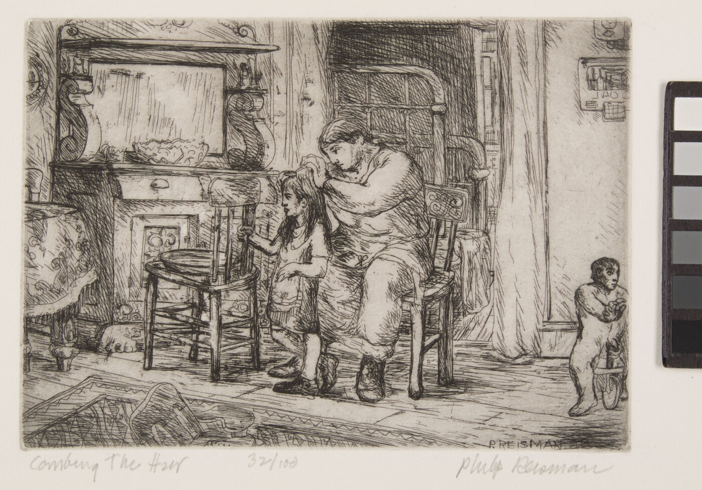 A black-and-white print of a woman seated in a chair combing a little girl&#039;s hair while a younger child plays close by.
