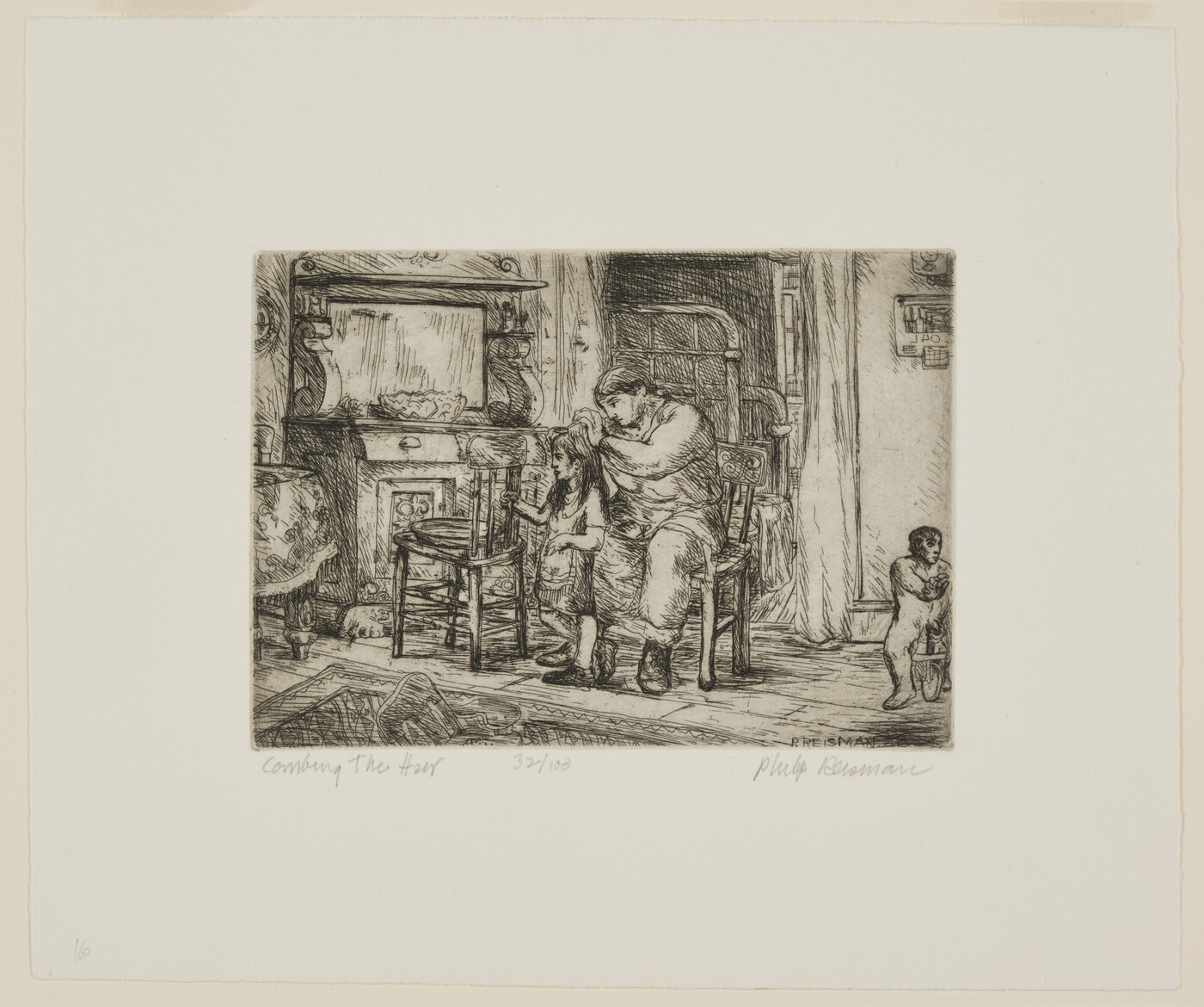 A black-and-white print of a woman seated in a chair combing a little girl's hair while a younger child plays close by.<br />