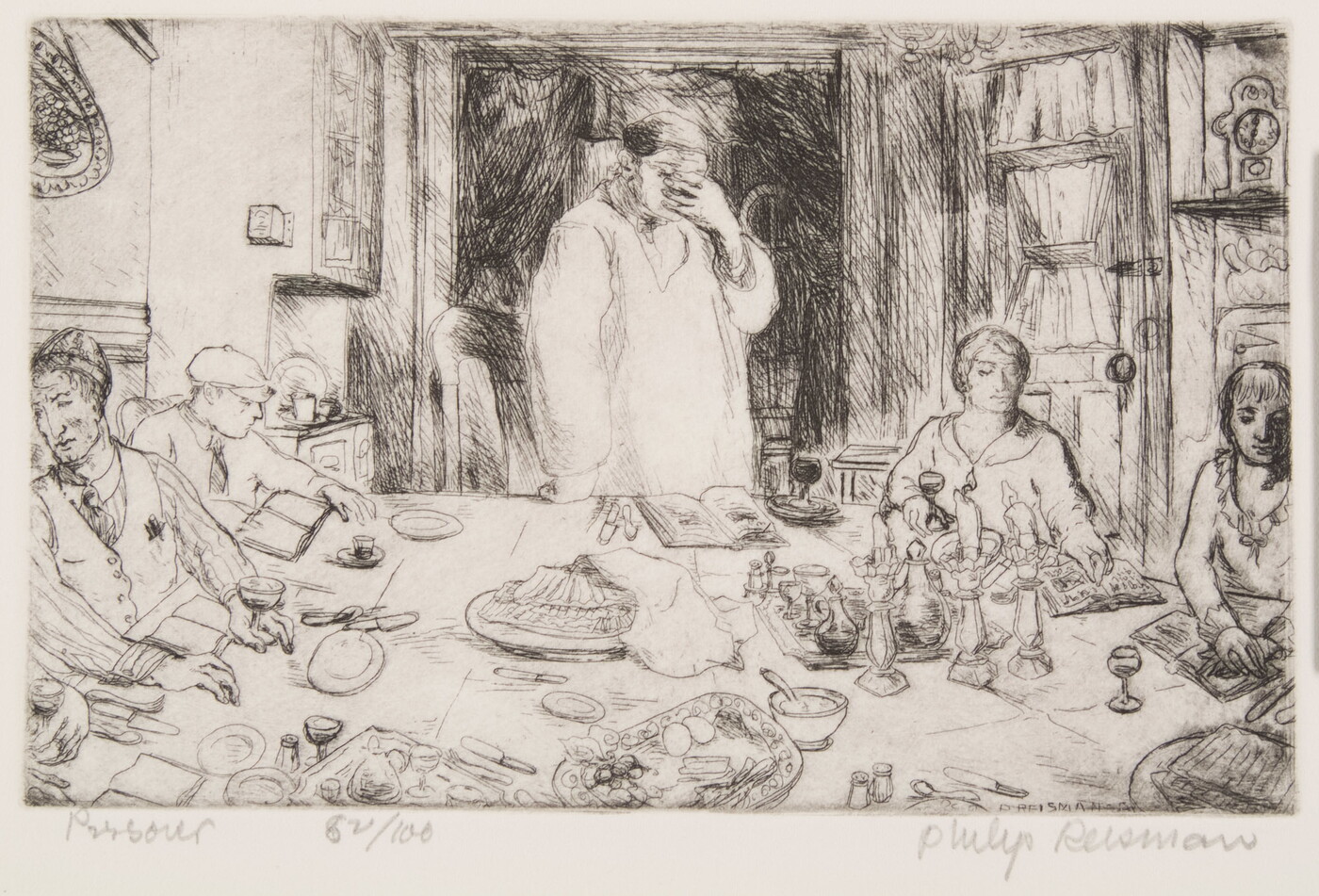 A black-and-white print of a figure standing at a table holding their hand over their face as others sit around the table with wine, plates, candles, and books in front of them.