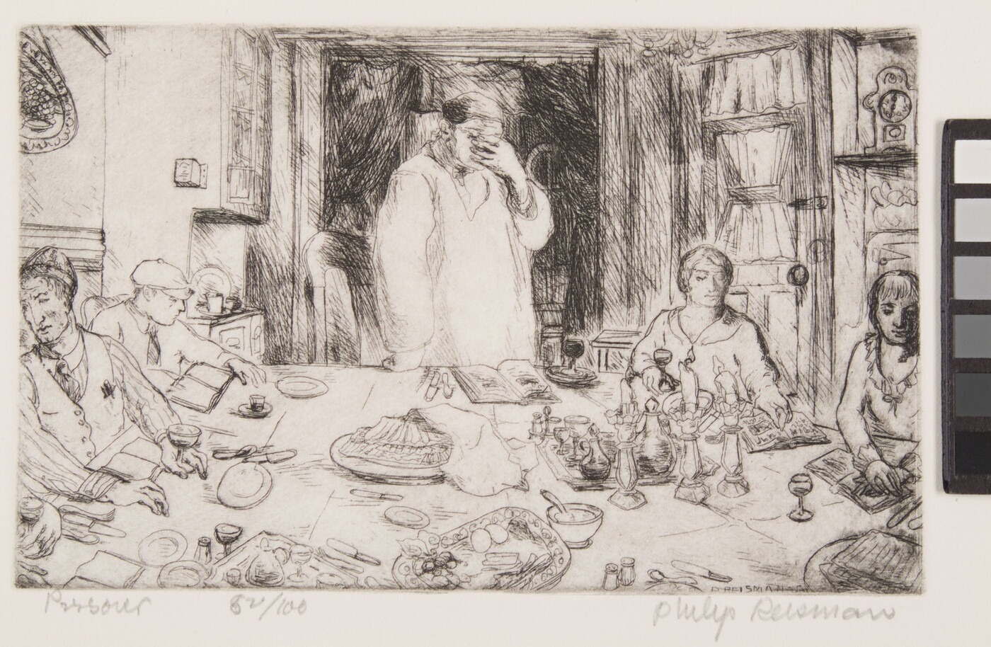 A black-and-white print of a figure standing at a table holding their hand over their face as others sit around the table with wine, plates, candles, and books in front of them.