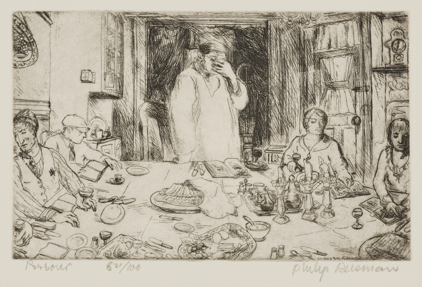 A black-and-white print of a figure standing at a table holding their hand over their face as others sit around the table with wine, plates, candles, and books in front of them.<br />