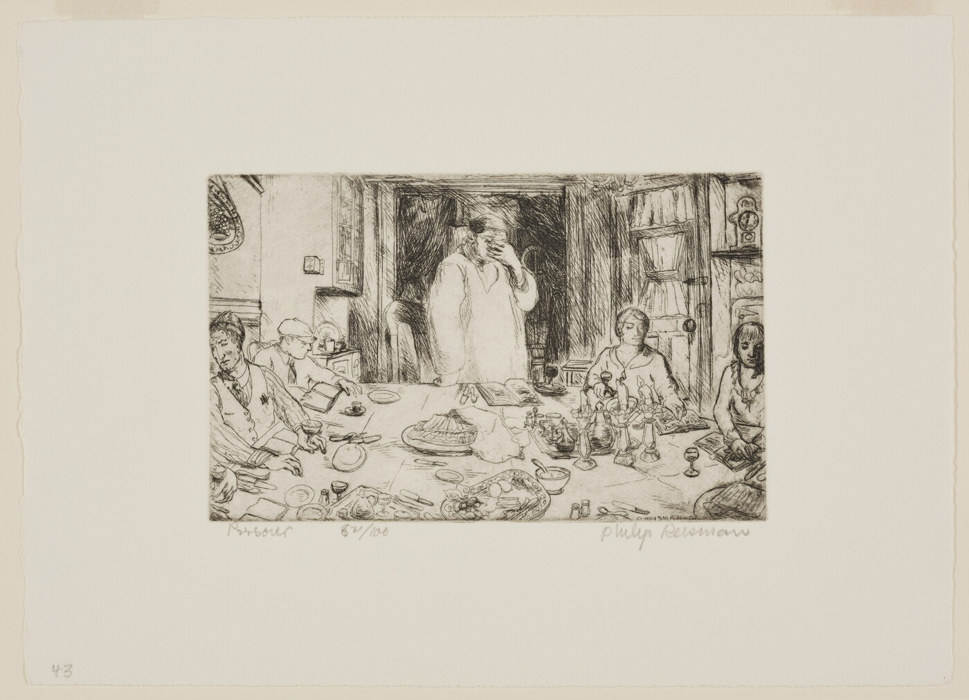 A black-and-white print of a figure standing at a table holding their hand over their face as others sit around the table with wine, plates, candles, and books in front of them.<br />