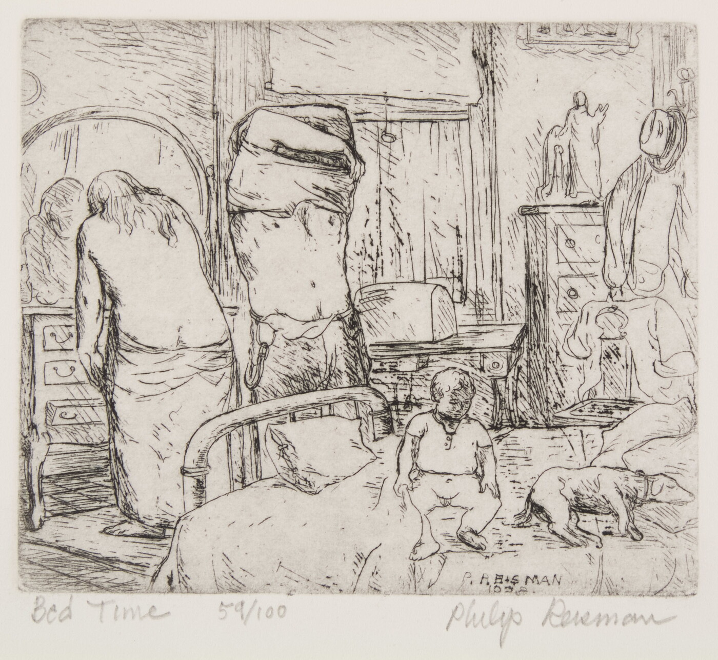 A black-and-white print of two adult figures undressing while a young child sits and a dog lies on a nearby bed.