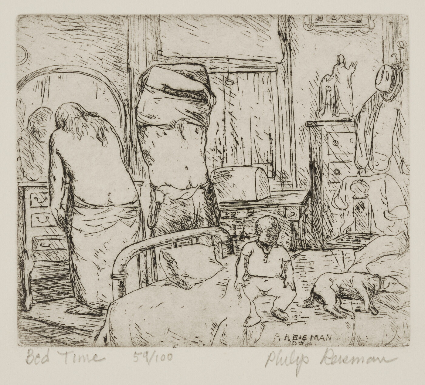 A black-and-white print of two adult figures undressing while a young child sits and a dog lies on a nearby bed.<br />