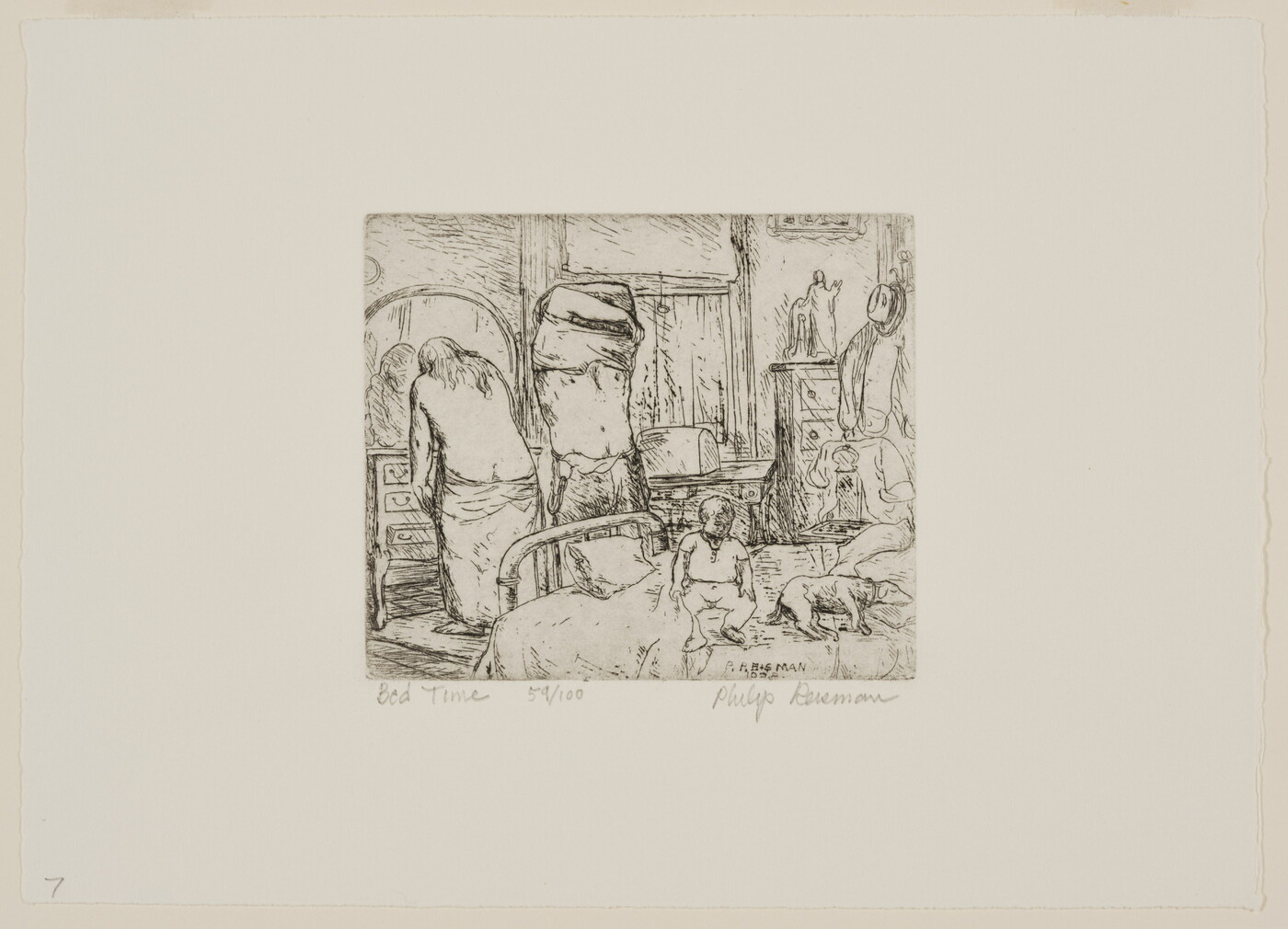 A black-and-white print of two adult figures undressing while a young child sits and a dog lies on a nearby bed.<br />