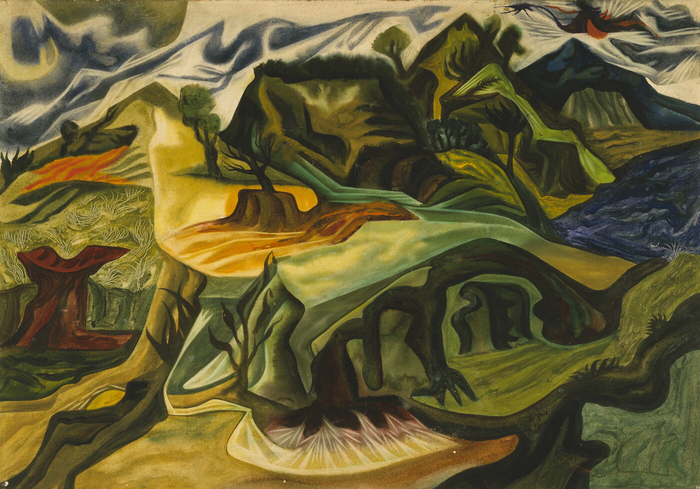 An abstract watercolor landscape of a mountainous terrain with some trees, mostly painted in blue, green, and yellow.