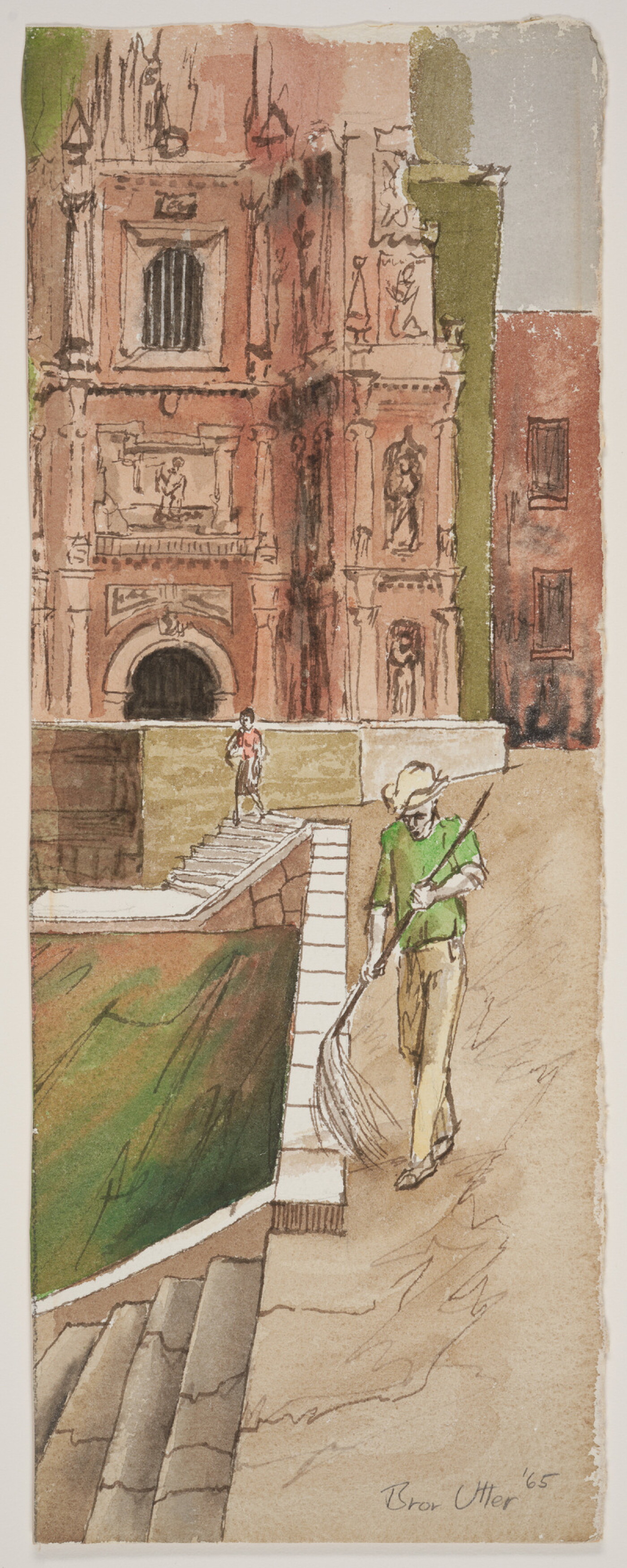 A tall, narrow watercolor of a figure mopping an outdoor terrace in front of a large church.