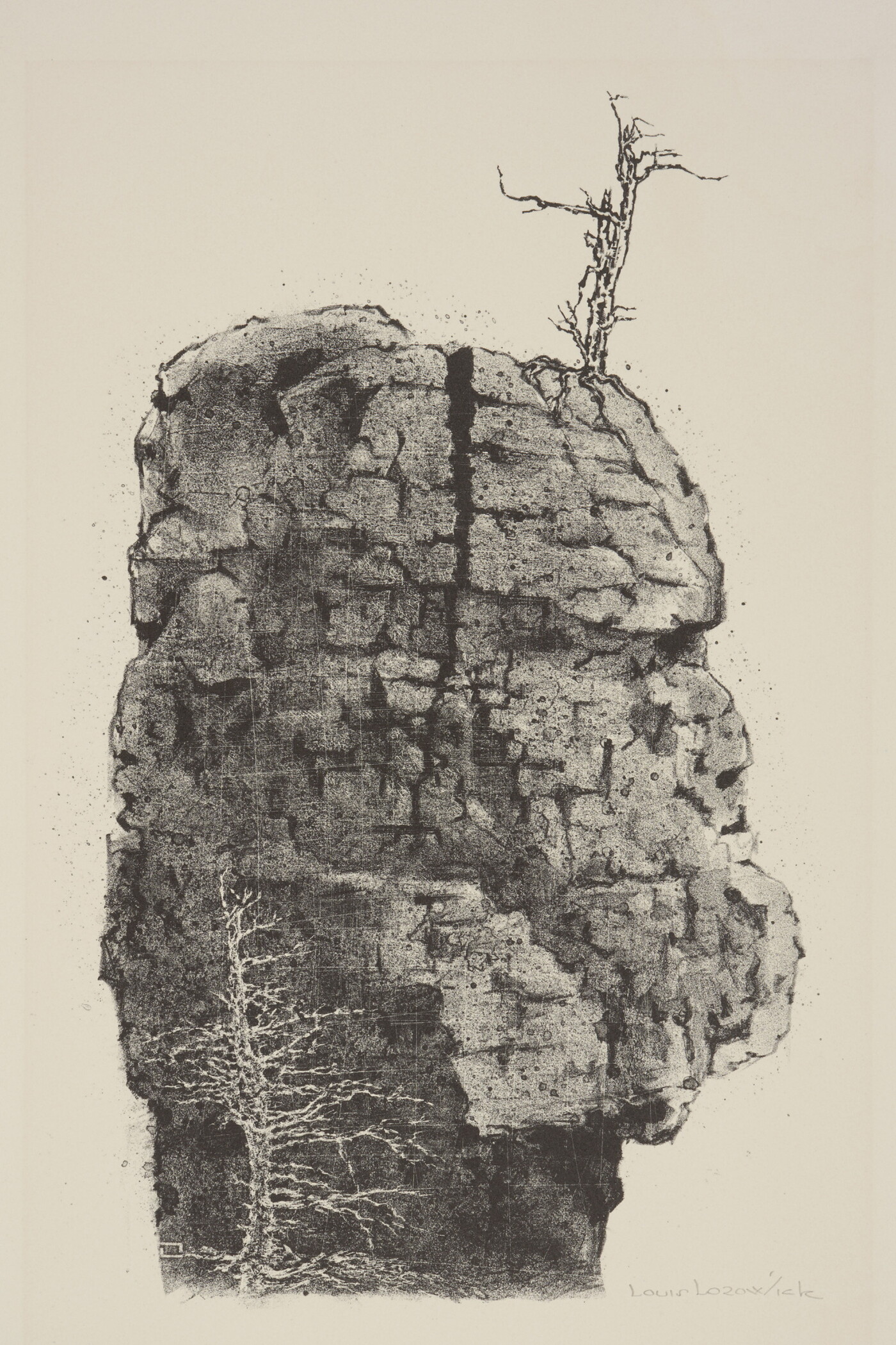 A black-and-white print of a large boulder with a vertical crack in the middle and a leafless tree on the top.