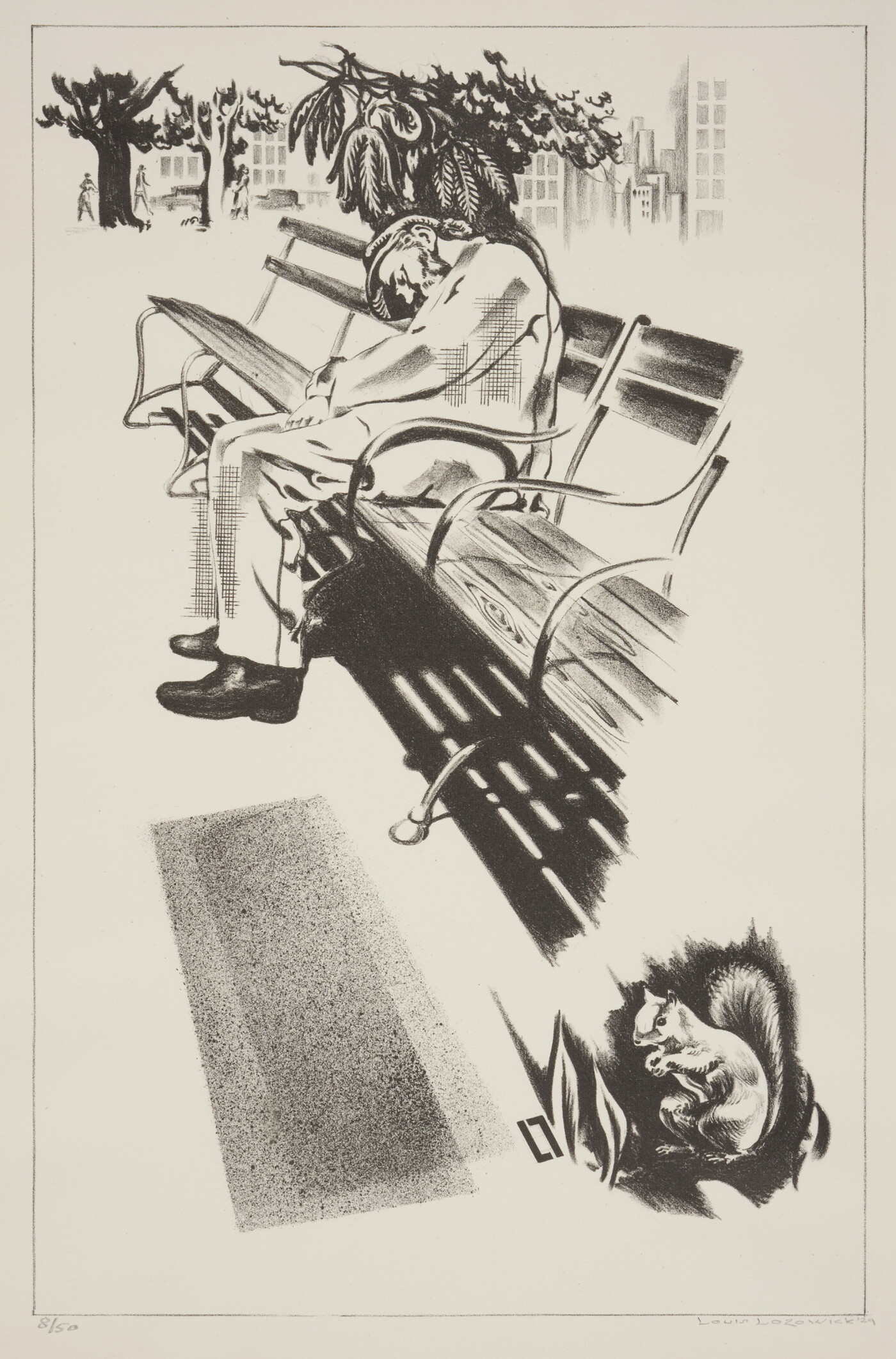 A black-and-white print of a man sleeping on a park bench, as a squirrel sits on the ground nearby.