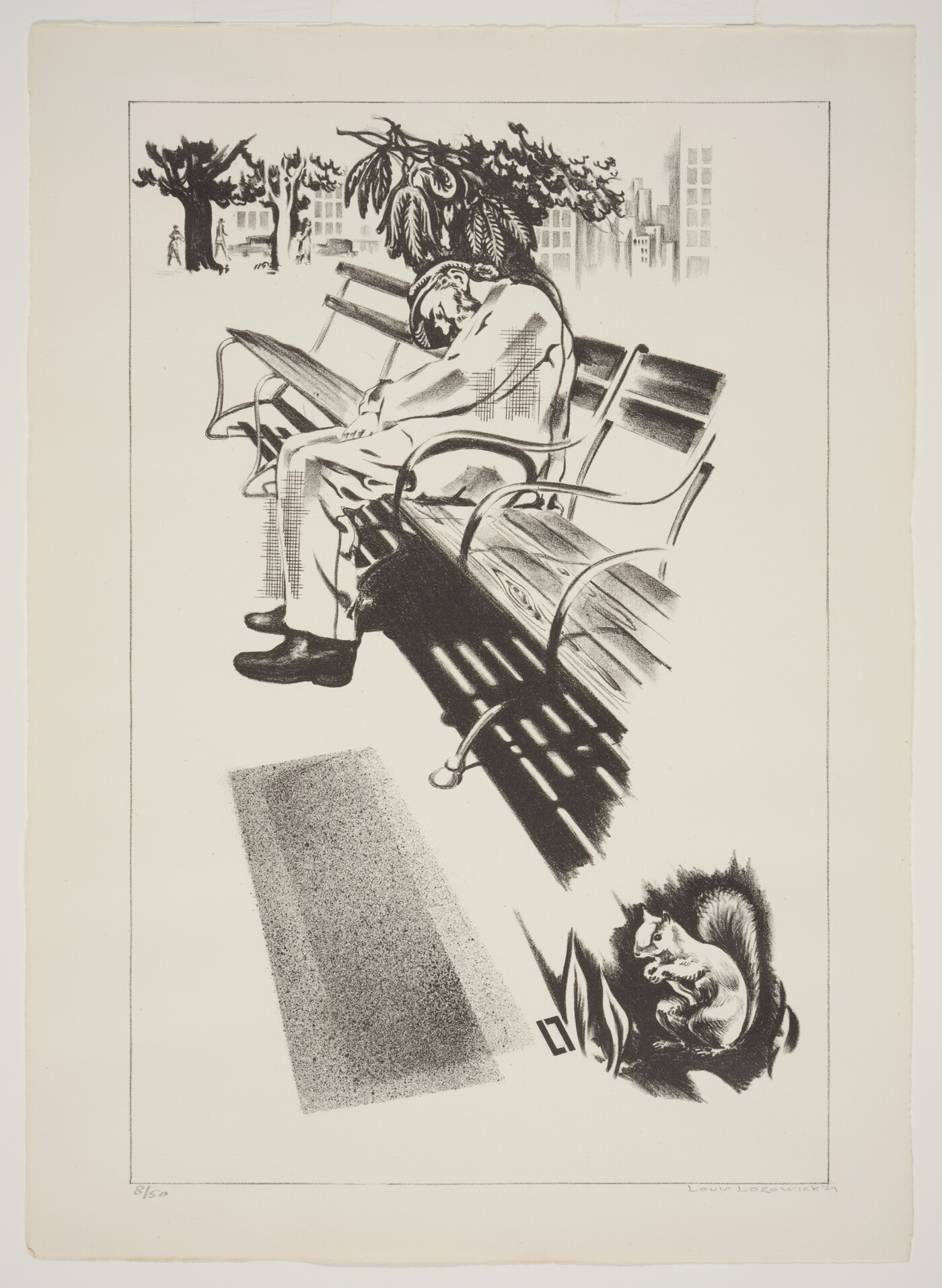 A black-and-white print of a man sleeping on a park bench, as a squirrel sits on the ground nearby.