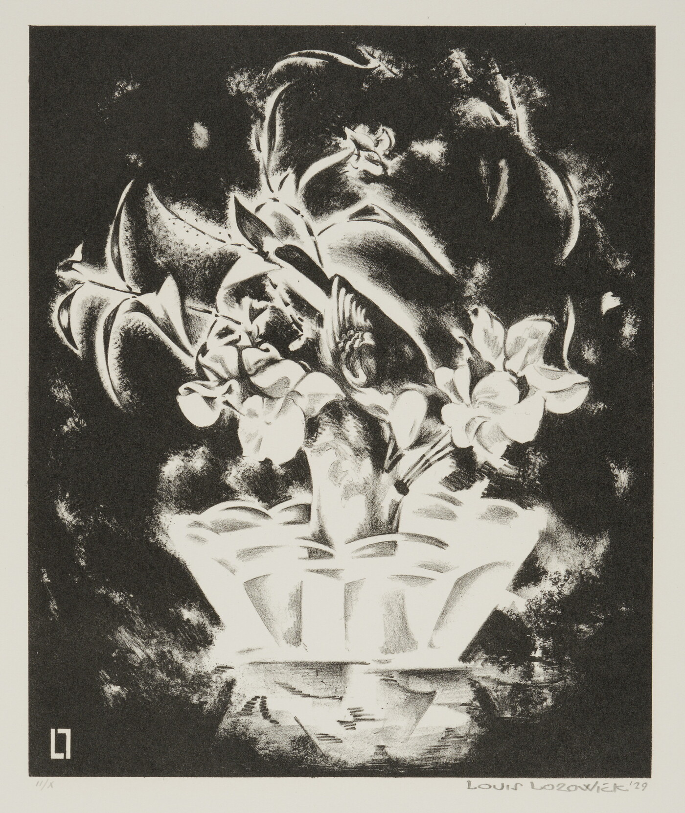 An abstract black-and-white print of white flowers in a white vase against a black background.