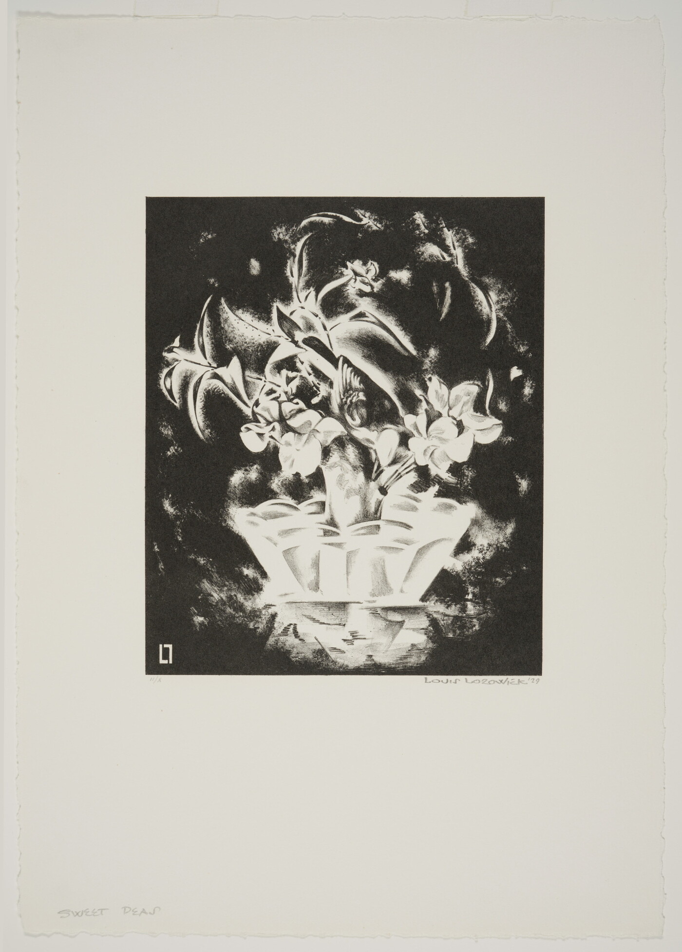 An abstract black-and-white print of white flowers in a white vase against a black background.