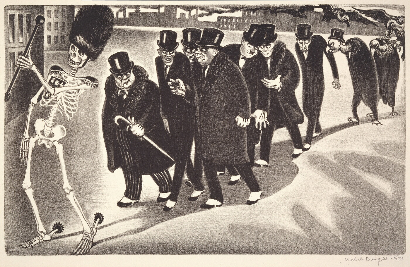 A black-and-white print of a skeleton wearing a tall bearskin hat and spurs while leading a parade of men in coats and top hats who morph into vultures toward the back.