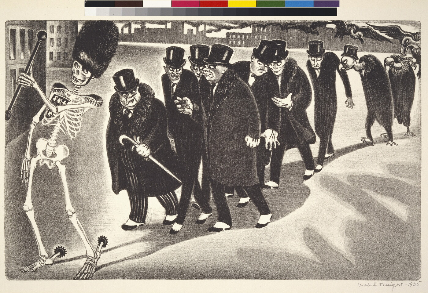 A black-and-white print of a skeleton wearing a tall bearskin hat and spurs while leading a parade of men in coats and top hats who morph into vultures toward the back.