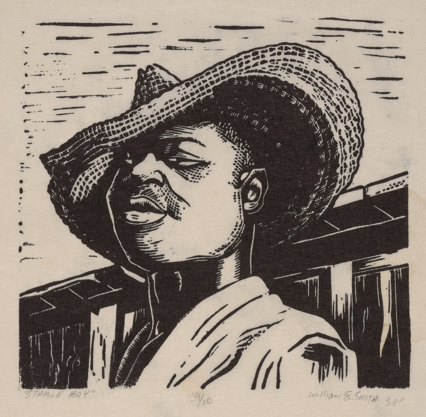 A black-and-white print of a Black boy, from the shoulders up, wearing a straw hat pulled slightly over one eye.