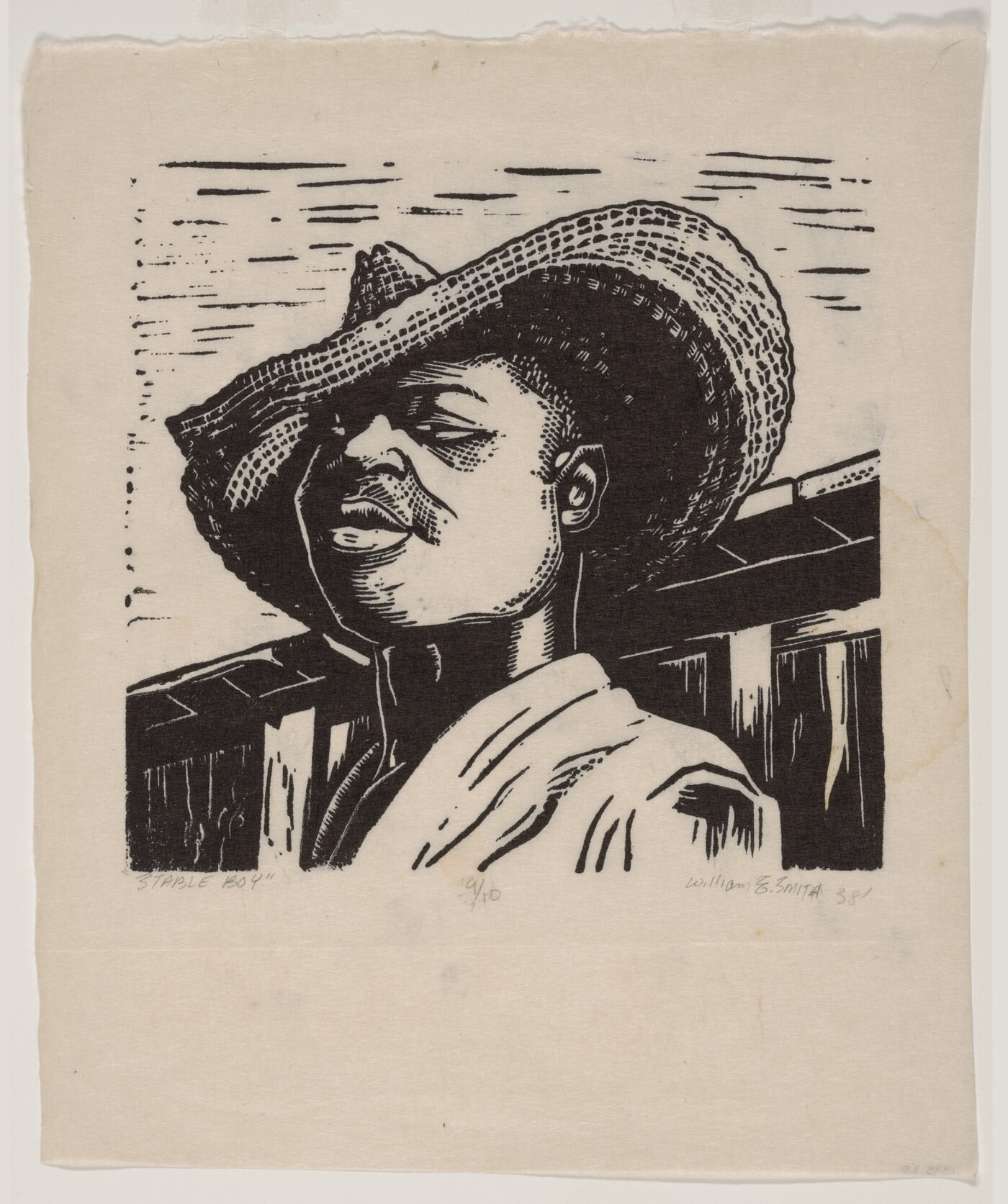 A black-and-white print of a Black boy, from the shoulders up, wearing a straw hat pulled slightly over one eye.