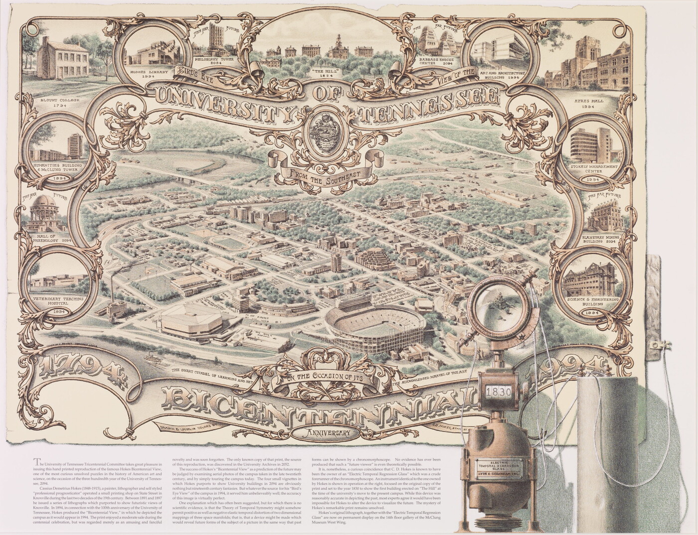 A color print of a bird&#039;s eye view of a university campus surrounded by ornamental vignettes of buildings.