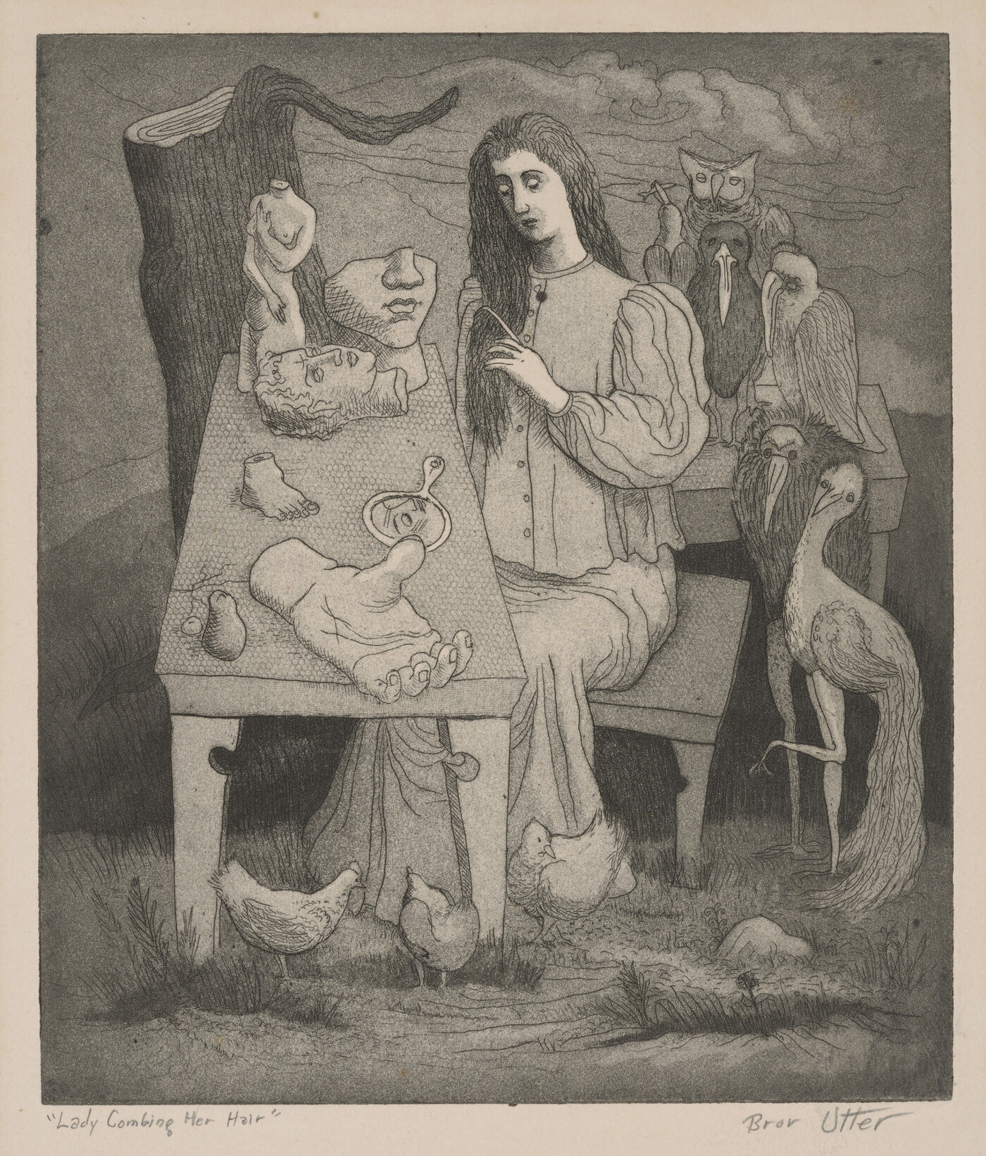 A black-and-white print of woman surrounded by birds, combing her hair at table cluttered with sculptures of body parts.