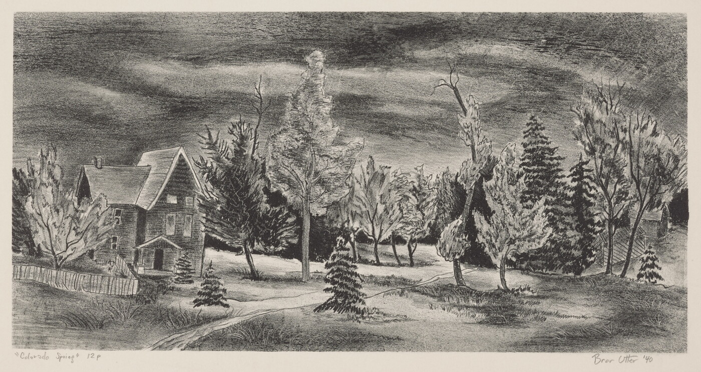A black-and-white print of a three-story clapboard house and picket fence in a densely wooded landscape under a heavy sky.