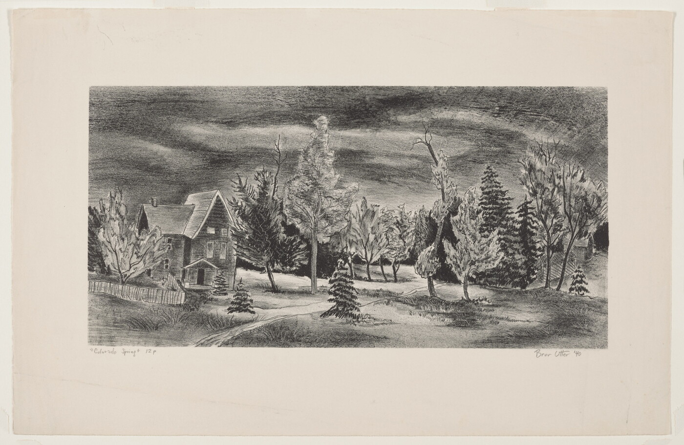 A black-and-white print of a three-story clapboard house and picket fence in a densely wooded landscape under a heavy sky.