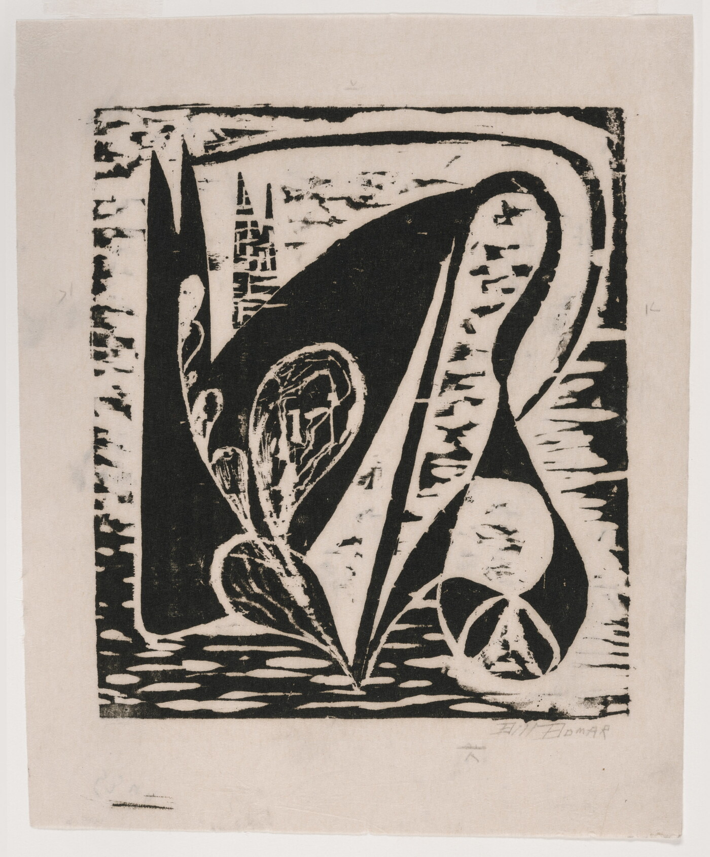 An abstract black-and-white print of plant-like shapes stretching and bending over chunky, black shapes.