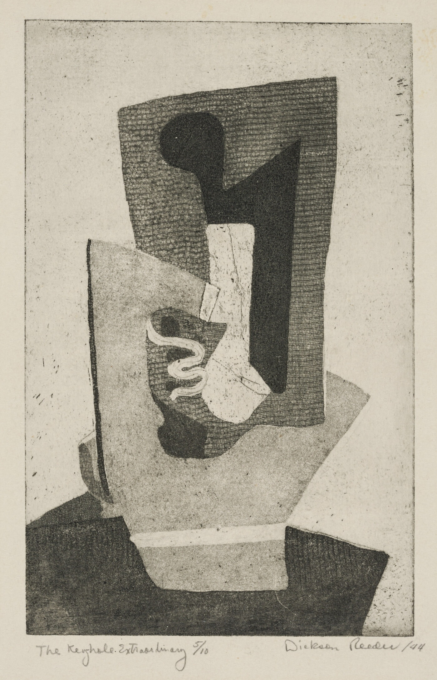 An abstract black-and-white print of white and gray organic shapes fitted together to create a shadowed keyhole shape.<br />