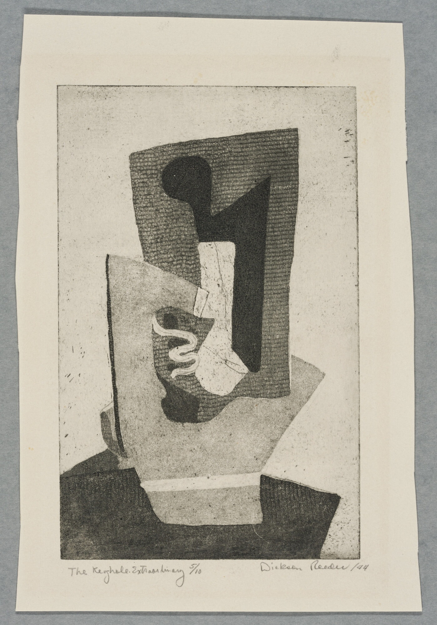 An abstract black-and-white print of white and gray organic shapes fitted together to create a shadowed keyhole shape.<br />